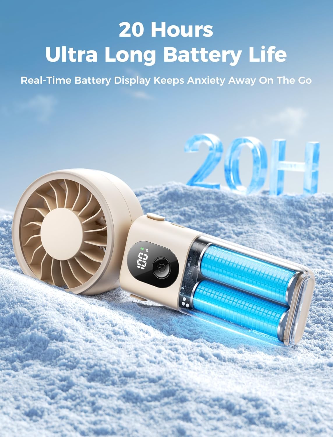 Aecooly Mighty Portable Handheld Fan | 20H Max Cooling | 3 Flexible Modes | 5 Speeds Wind | Battery Level Display | Mini USB Rechargeable Personal Battery Powered Fan Travel Gifts for Women -Beige