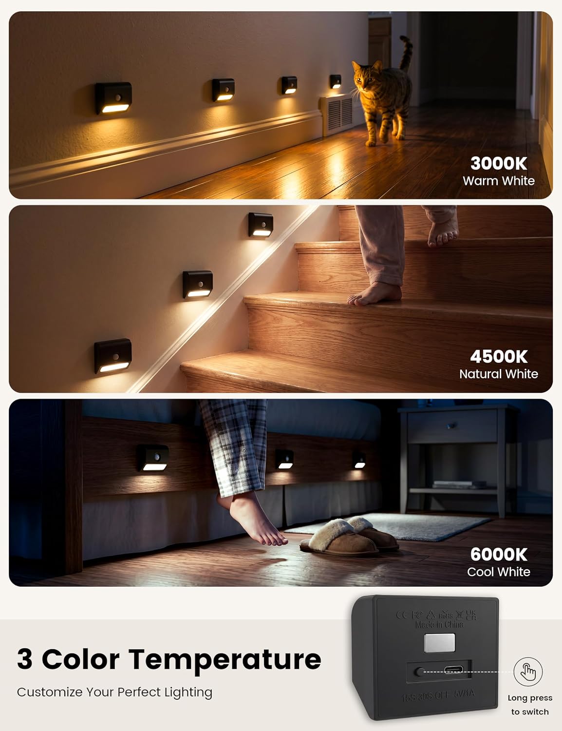 VOLISUN Rechargeable Motion Sensor Stair Lights Indoor, 3 Color Temperature LED Night Light with Light Sensor, Magnetic Stick-on Stair Lights for Hallway Bathroom Bedroom Closet Steps Black 8 Pack