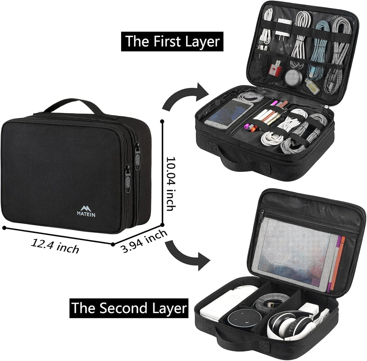 MATEIN Cable Organizer Bag, Large Travel Storage Bag, Sturdy Tool Case | with Handle, Carrying Case for Phone, Cord, Electronics Accessories, Tablet (Up to 12.9inch), Powerbank, Hard Drive, Black