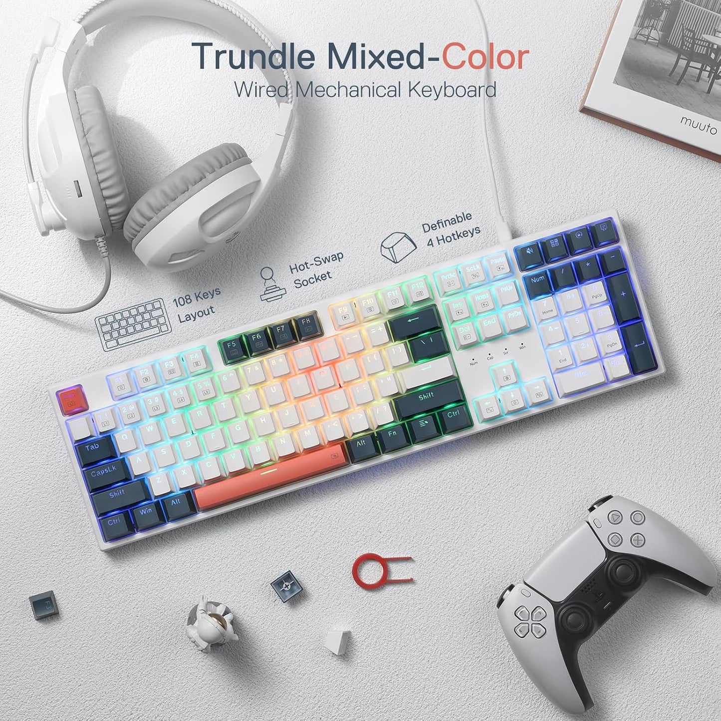 Redragon K668 108-Key Hot-Swap Wired RGB Gaming Keyboard, Extra 4 Hotkeys | Dedicated Shortcut Keys for Mute, Calc & Desktop, Cushioned Noise Dampening for Creamy Thocky Sound, Swap-Ready, PRO Software