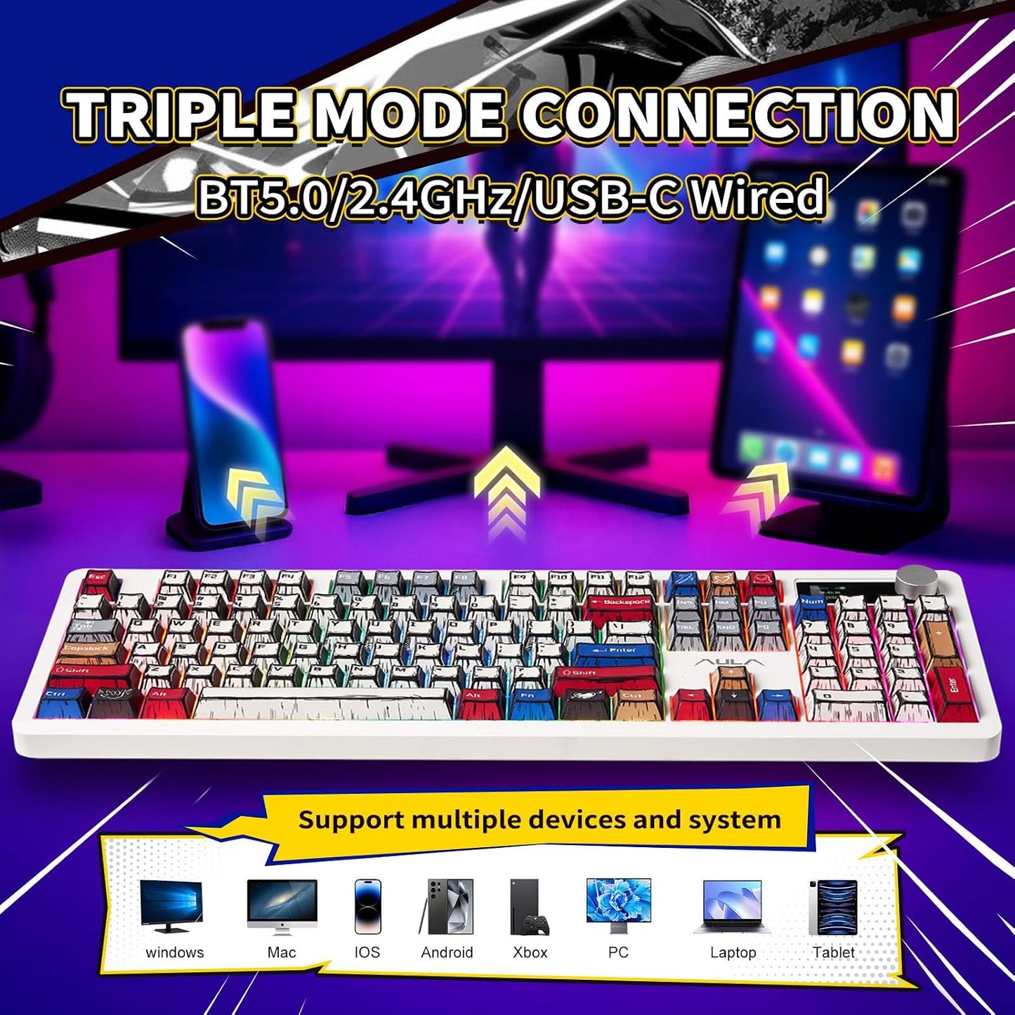 AULA Wireless Mechanical Gaming Keyboard Full Size 8000mAh with Knob&Screen | Hot Swappable Custom,RGB Backlit,Creamy Pre-lubed Blaze Switches,PBT Keycaps,Tri-Mode BT/2.4GHz/USB-C,F106Pro Comic Mix Color