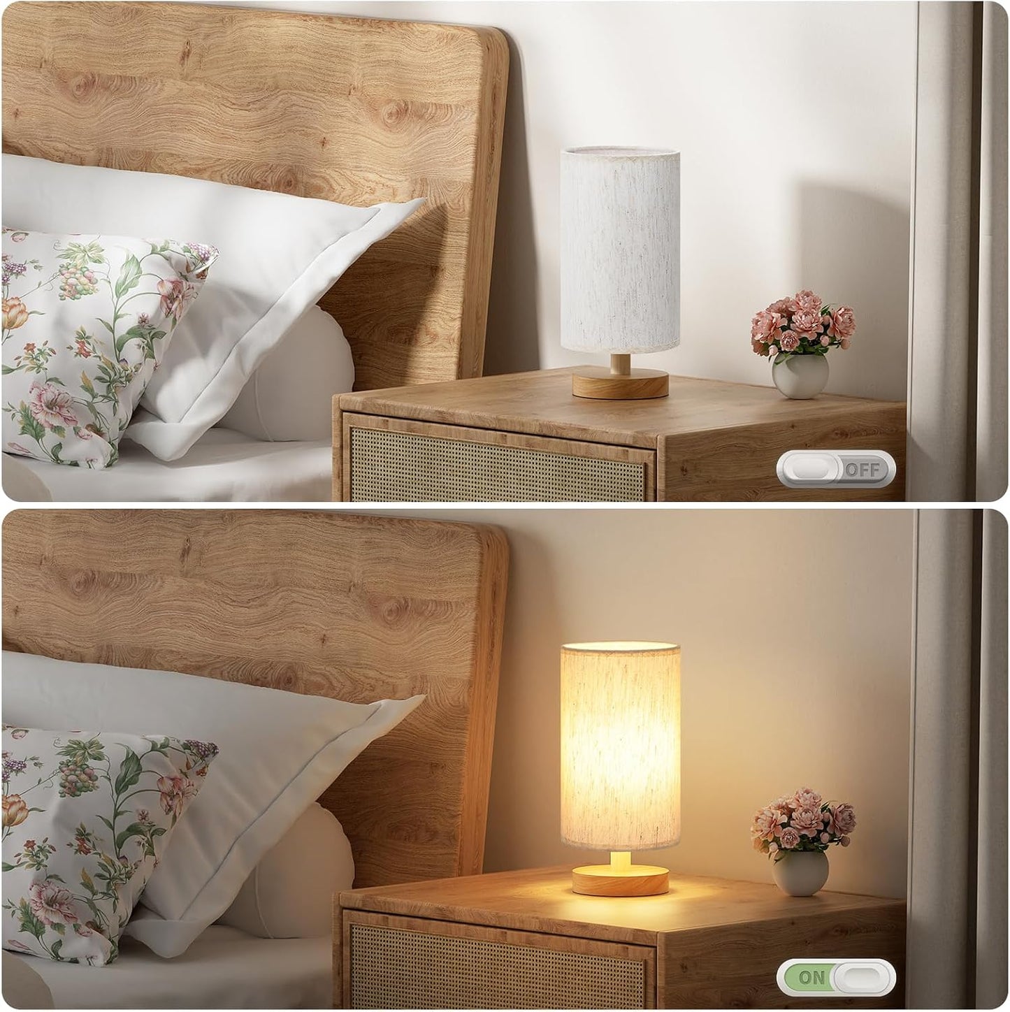 9" Small Table Lamp for Bedroom - Inline Control with 3000K Blub | Cream Shade and Wood Base | 680 Lumens | Easy Assembly | Minimalist Design | E26 | for Kitchen | for Kids Room
