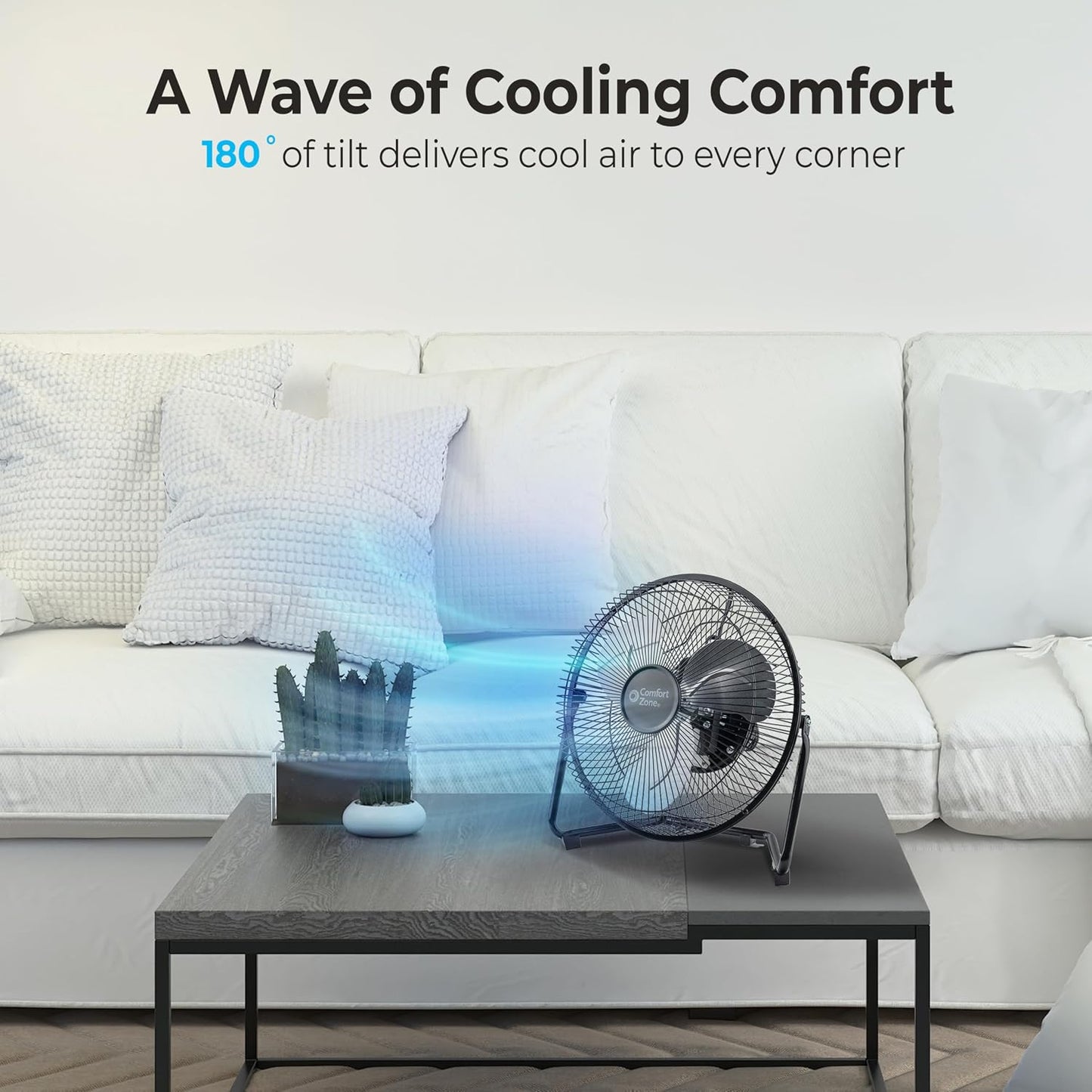 Comfort Zone 9 inch Cradle Fan, 3 Speed Floor or Table Fan with180 Degree Tilt, Metal Construction and Aluminum Blades, Carry Handle, Rubber Feet, Ideal for Bedroom, Workshop, or Garage, Black