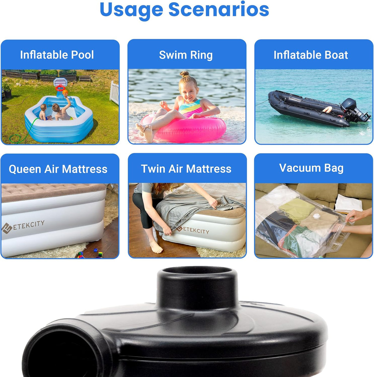 Etekcity Air Pump for Inflatables, Portable Electric Air Mattress Pump, Quick-Fill Perfect Inflator/Deflator for Couch, Blow up Pool Floats Raft Bed Boat Toy with Nozzles, 110-120V, Black
