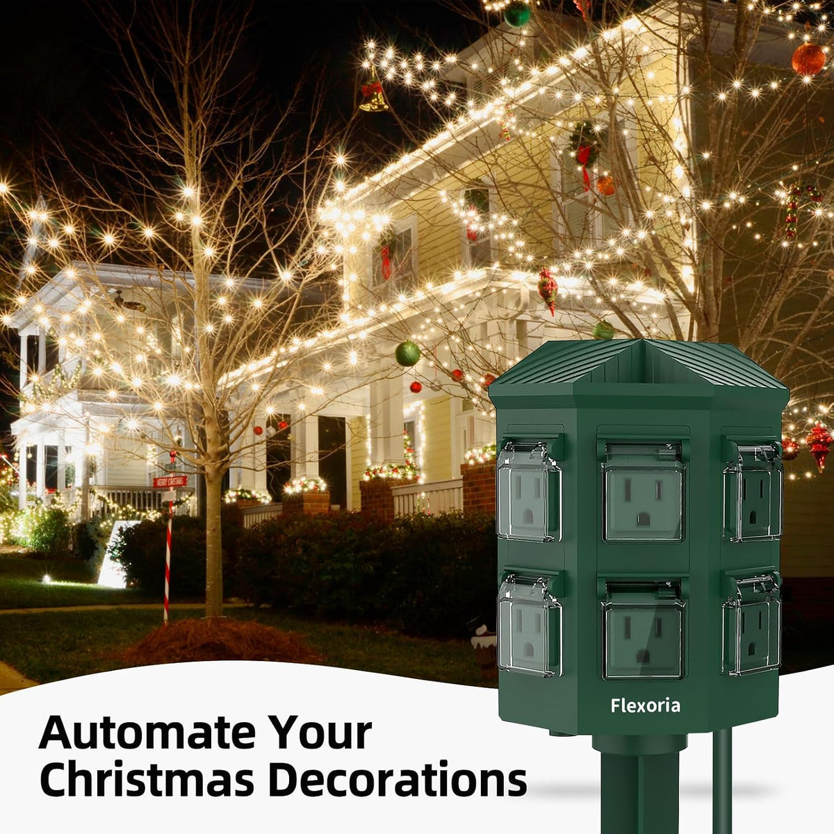 Outdoor Power Stake Timer, Remote Control Dusk to Dawn Light Timer, 60FT Extension Cord Waterproof, 6 Grounded Outlets for Graden and Yard Decorations, ETL Listed