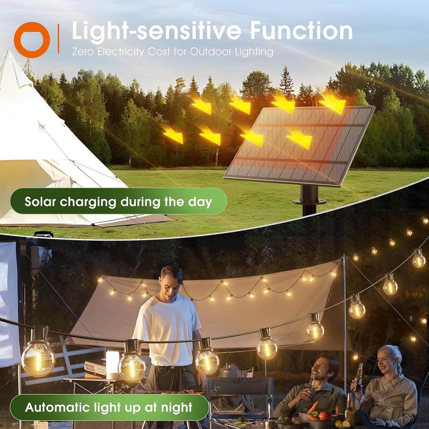 addlon 56FT(50+6) Solar String Lights Outdoor with Remote, 27 LED G40 Bulbs | Solar Powered & USB Charging Patio Lights, Dimmable Waterproof Solar String Lights for Outside, Camping, Backyard