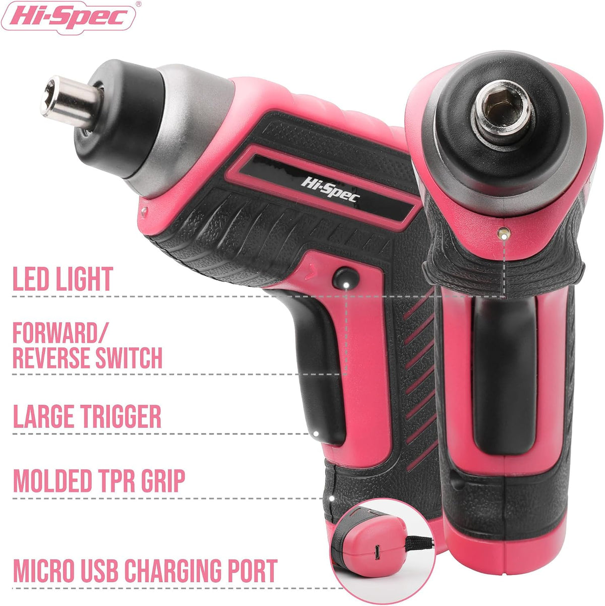 Hi-Spec 3.6V USB Electric Screwdriver for Home Repairs and Assembly, Pink | 35pc, fast assembly help, common screw bit selection, LED visibility, compact grip, quick household fixes, organized storage