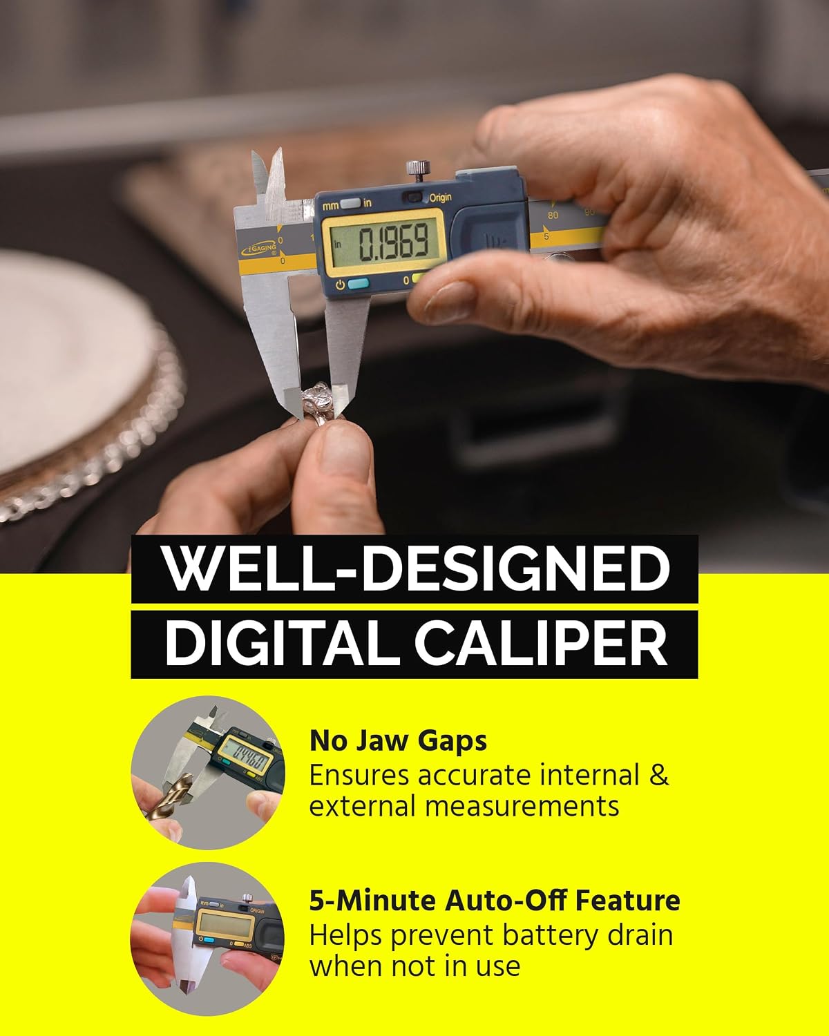 iGAGING Absolute Origin 0-6" Digital Caliper, IP54 Stainless Steel, SPC/USB Output Port, Inch & Metric Modes, Case, Manual