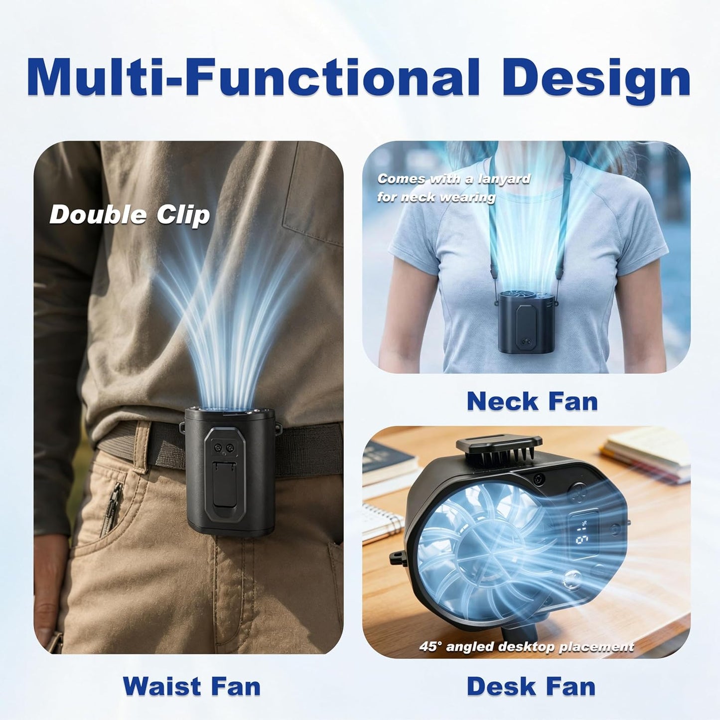 Waist Fan with Clip on: Portable 4-Speed Enlarged Fan-blades Personal Belt Fan with LED Light 6-11H of Working Time Hands-Free Neck Fan