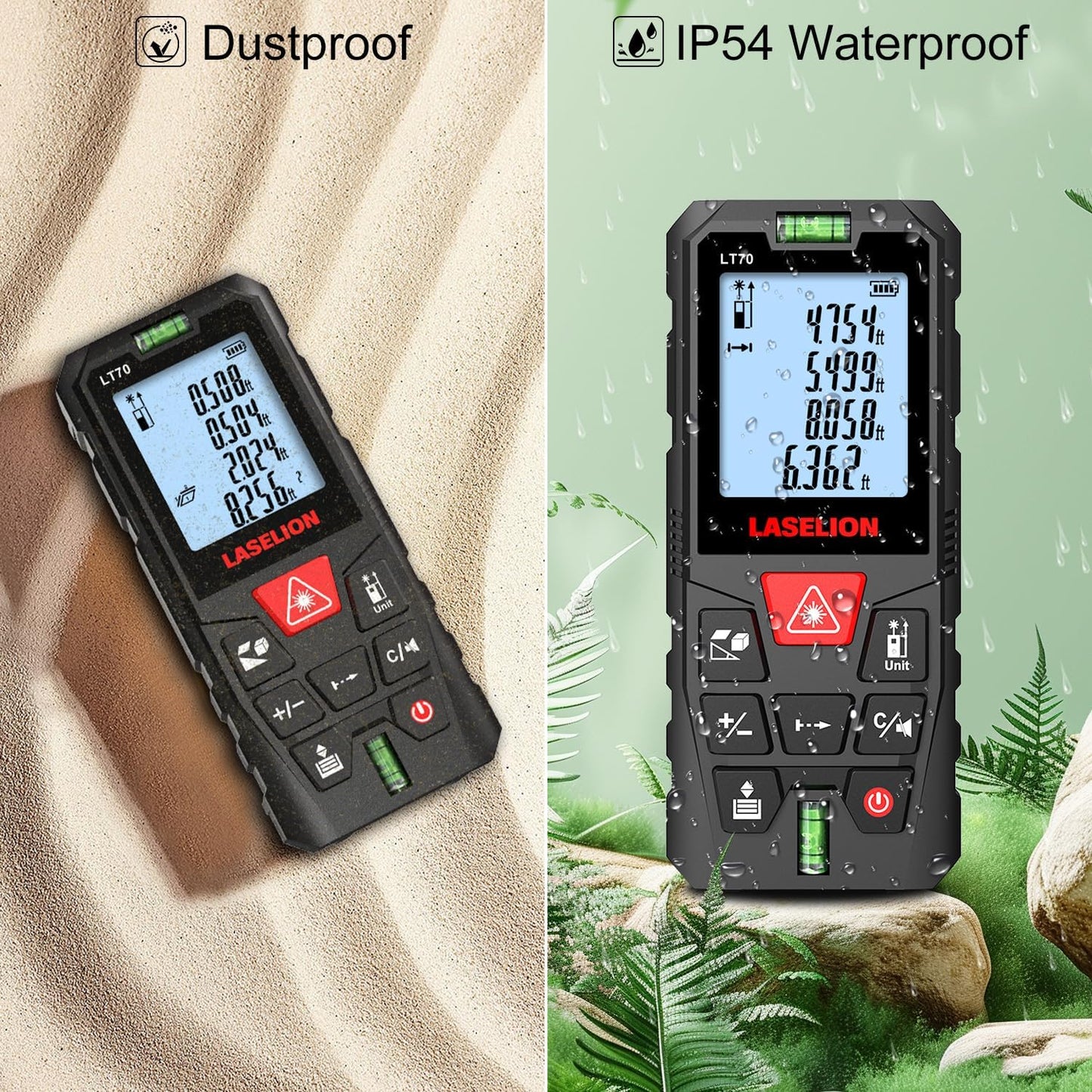 LT70 Laser Measure, 229ft/70m Laser Measurement Tool, with 2 Bubble Levels, Measuring Tool 4 Units Conversion、LCD Backlit Display, IP54 Waterproof, Pythagorean Mode for Distance, Area, Volume