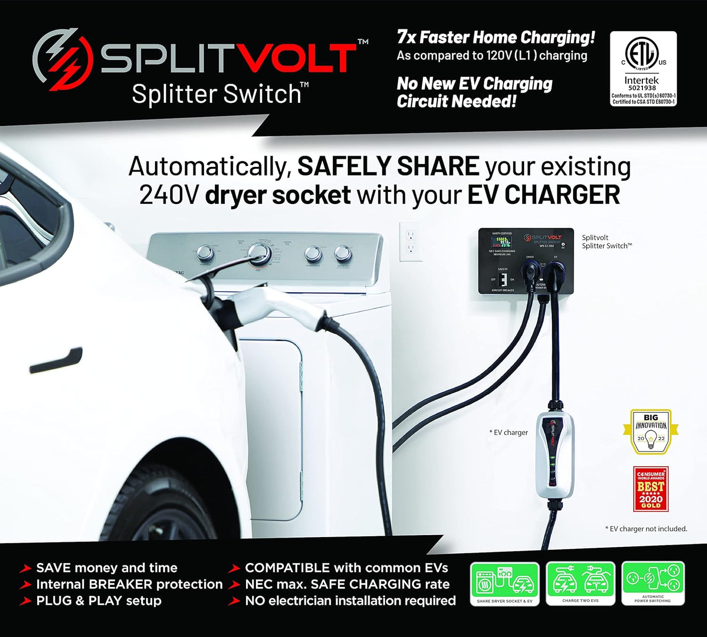 Splitvolt NEMA 10-30, 240V, 24 Amp Splitter Switch - Save Thousands on Home Electric Vehicle Charging EV Install, cETLus Certified, Auto Power Switching Between Dryer and EV or Two EVs, Plug and Play