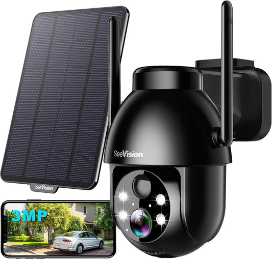 SeeVision Solar Security Cameras Wireless Outdoor, 2K PTZ WiFi 3MP Indoor Security Camera for Home with Spotlight, PIR Motion Detection,Siren, Color Night Vision, 2-Way Talk, SD/Cloud Storage