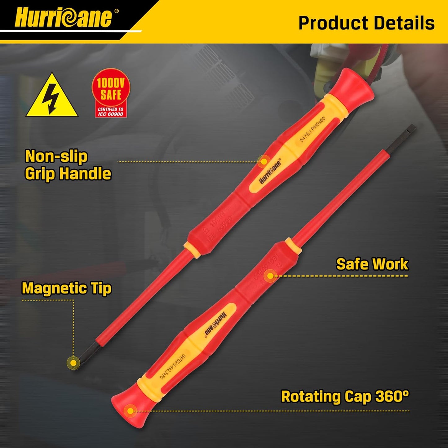 HURRICANE Premium 1000V Precision Insulated Screwdriver Set, 6 Piece S2 Steel Mini Electrician Screwdrivers with SL1.8/2.0/2.5/3.0mm & PH00/PH0, VDE Certified for DIY & Professional Electrical Repair