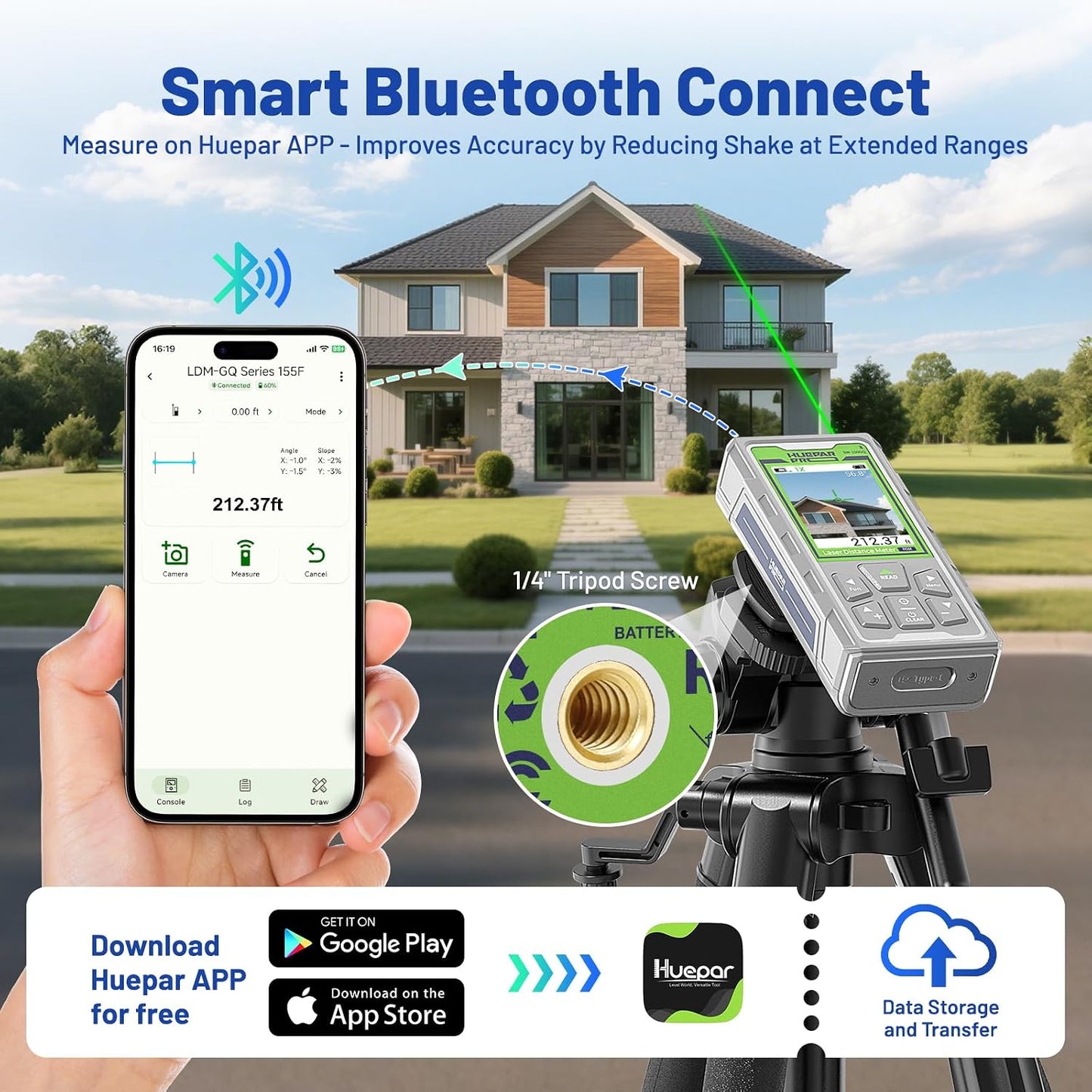 Huepar Pro Laser Measuring Tool, 260Ft Outdoor Laser Measure with Camera&Bluetooth Connected, Green Laser Distance Meter with P2P Technology, Free APP, IP68, Micro USB Cable, Hand Strap&Pouch-SW-80GQ