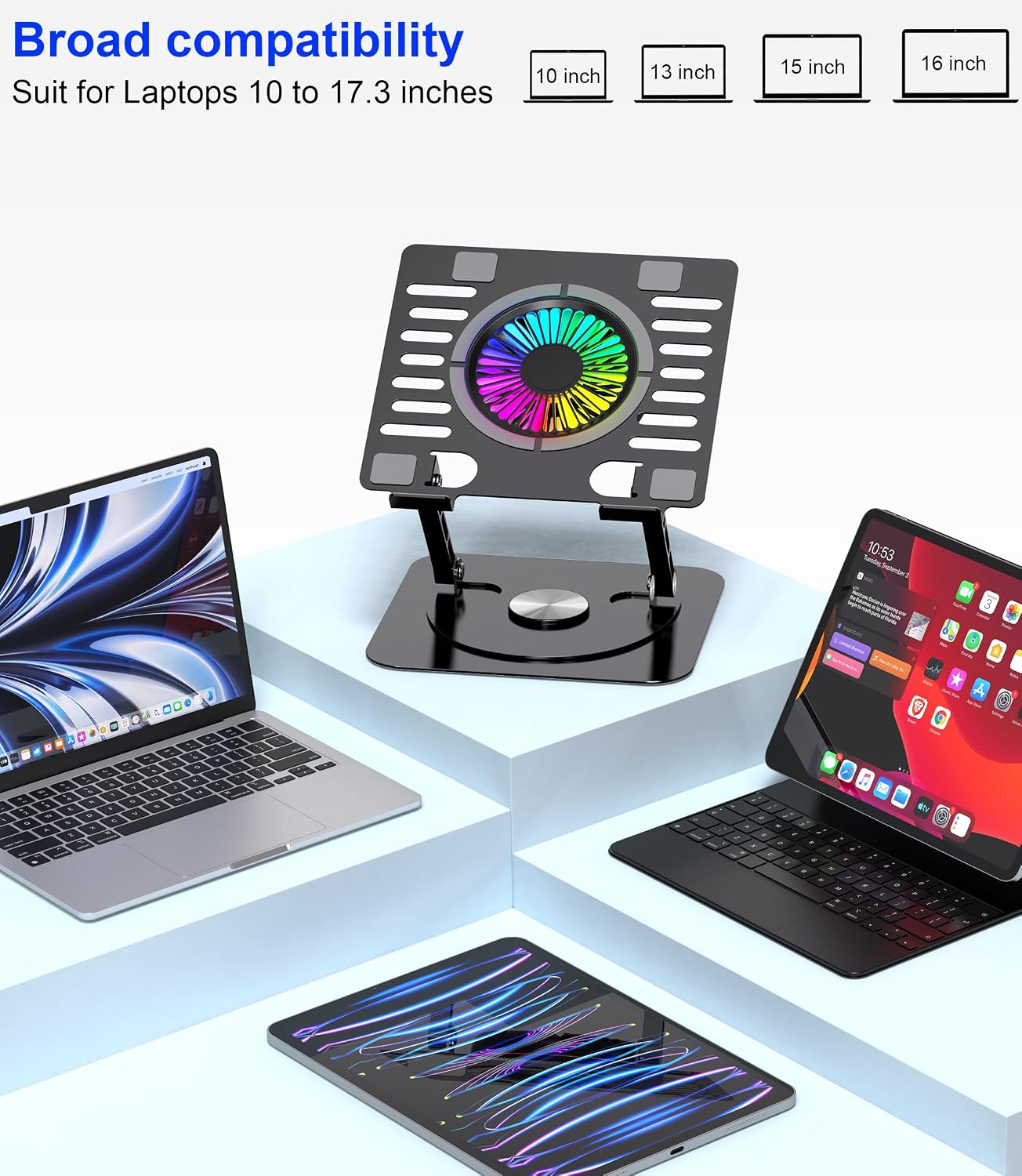 Laptop Stand,with 360°Rotating Base,External Cooling Fan,Adjustable RGB Lighting,Ergonomic Foldable Notebook Computer Holder.Compatible with All 10-17" Laptops Tablets,Black