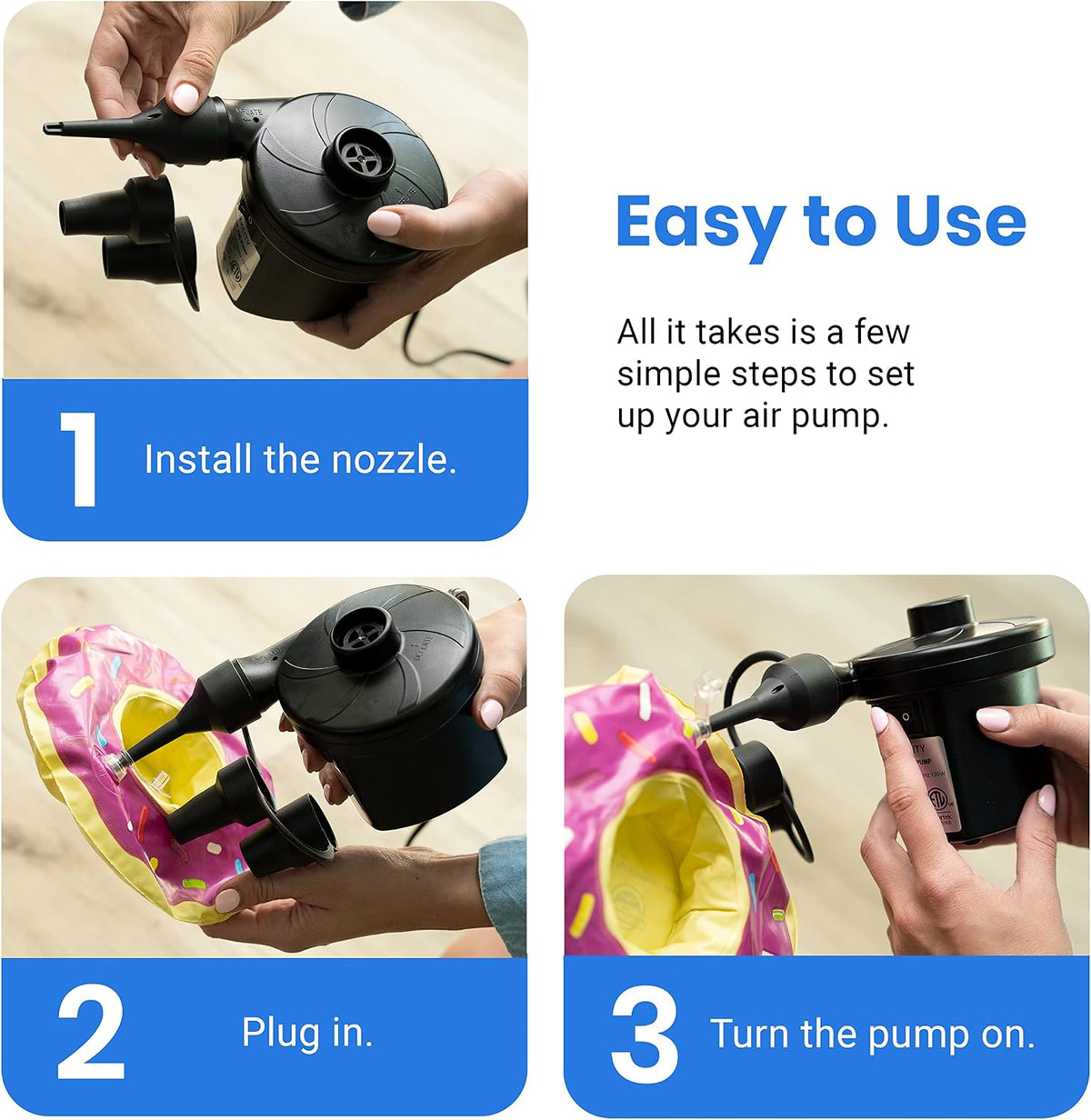 Etekcity Air Pump for Inflatables, Portable Electric Air Mattress Pump, Quick-Fill Perfect Inflator/Deflator for Couch, Blow up Pool Floats Raft Bed Boat Toy with Nozzles, 110-120V, Black