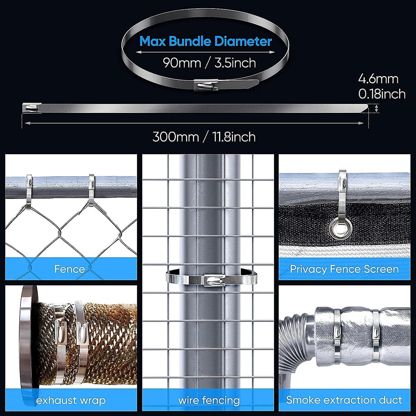 Metal Zip Ties Heavy Duty 11.8 Inch 304 Stainless Steel Cable Tie | 100 Pcs All-Weather Fastener Straps for Chain Link Fence, Exhaust Wrap &amp; Outdoor Wire Mesh