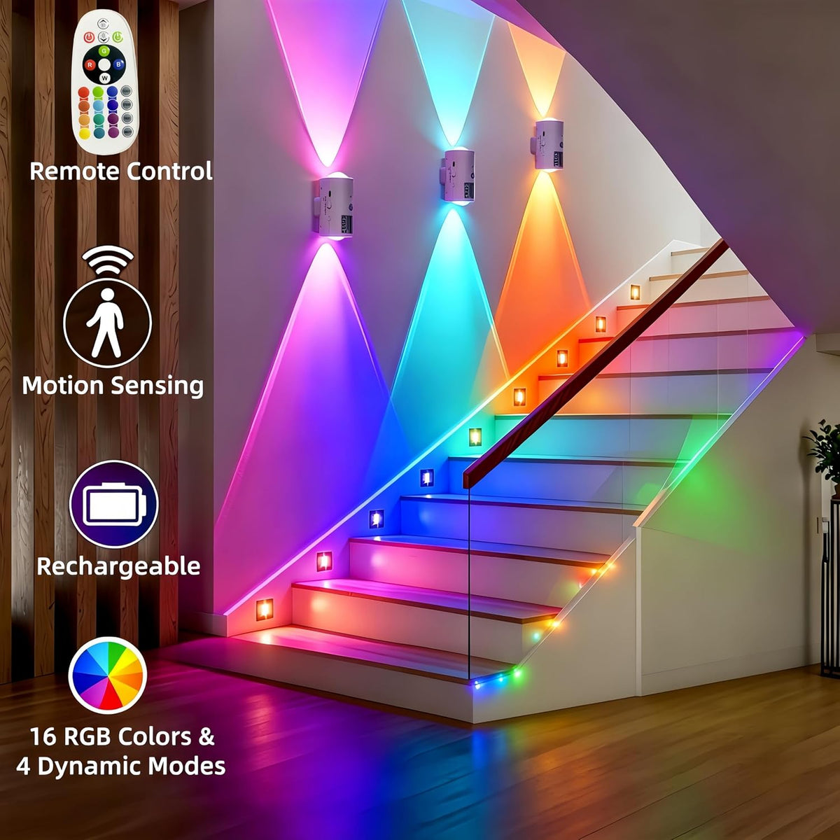 4 Pack RGB Dynamic Gradient Step Light, Rechargeable Motion Sensor LED Lamp