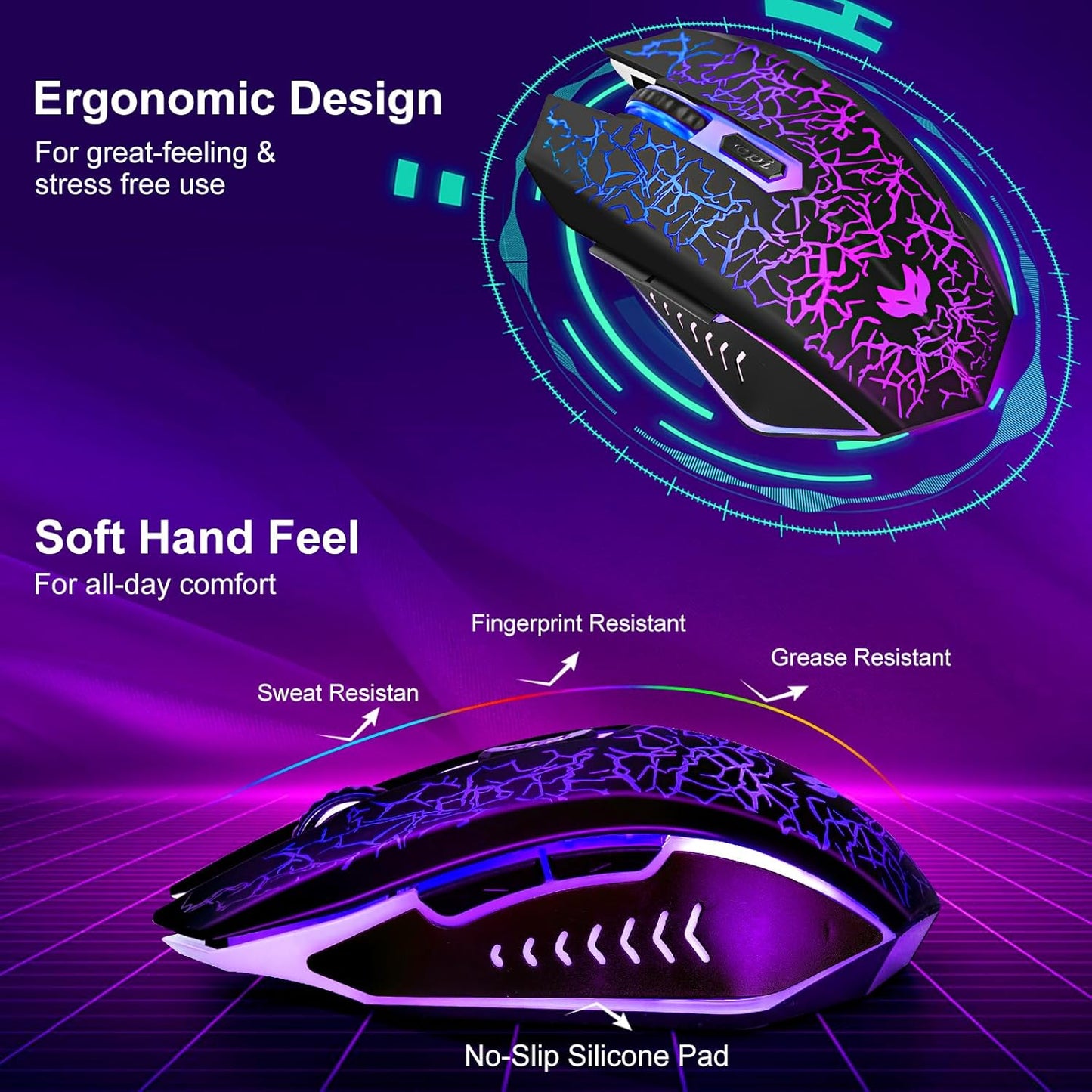 Wireless Gaming Mouse, Rechargeable Wireless Computer Mouse, 7-Color LED Light, Ergonomic Mouse with 6 Silent Click Buttons, 3 Adjustable 2400 DPI Wireless Mouse for Laptop,PC,Mac, Black