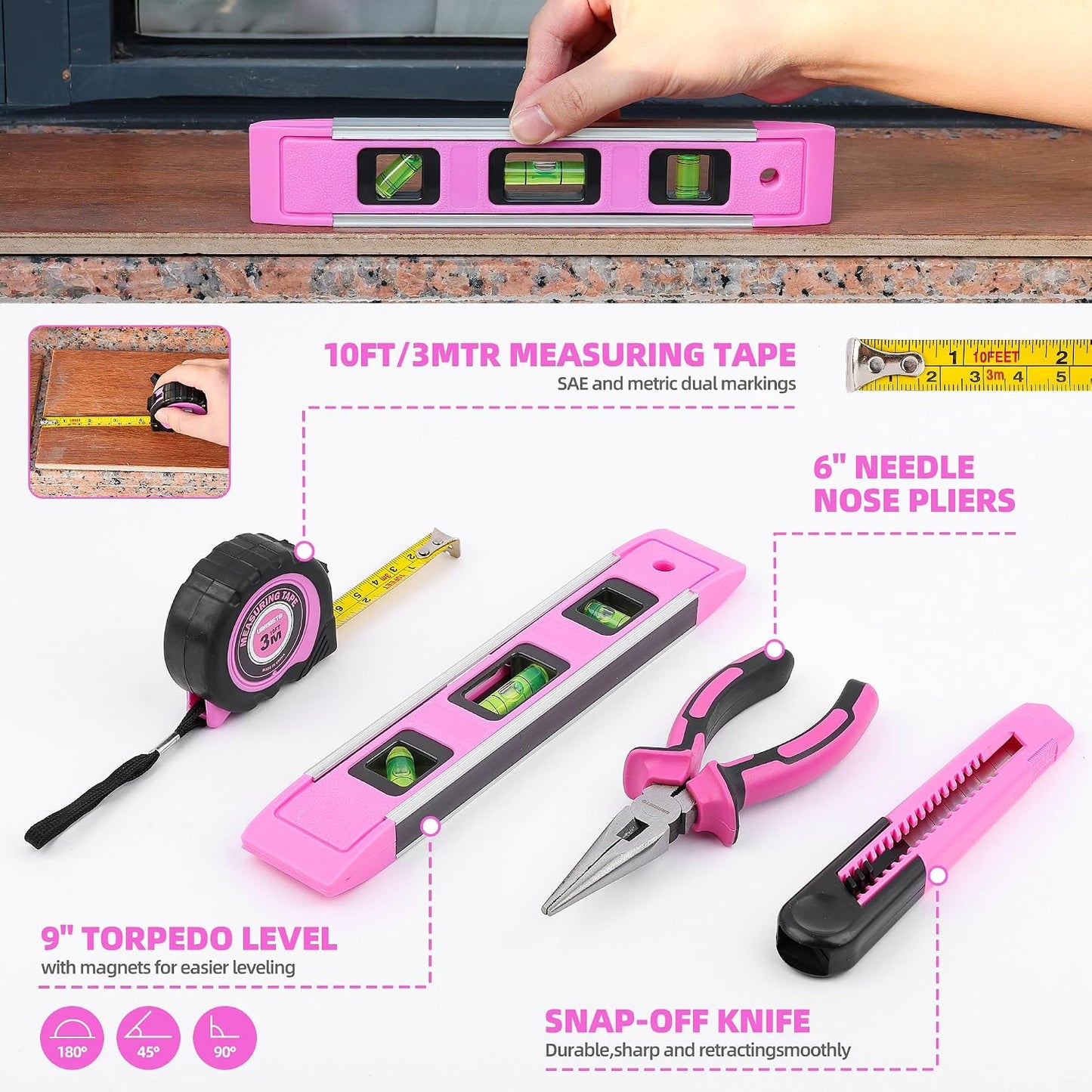 URASISTO 123 Piece Pink Household Tool Set with 3.6V USB Electric Screwdriver, Home Tool Kit with Cordless Lithium-ion Drill Driver, HandTool Kits for Women