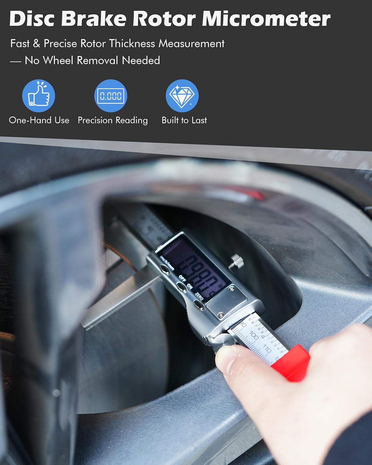 Brake Rotor Measuring Tool, Digital Caliper for Disc Brake Thickness, Rotor Gauge - No Wheel Removal, 6” Stainless Steel Vernier Rotor Micrometer, Large LCD, Inch/Metric Modes, Silver