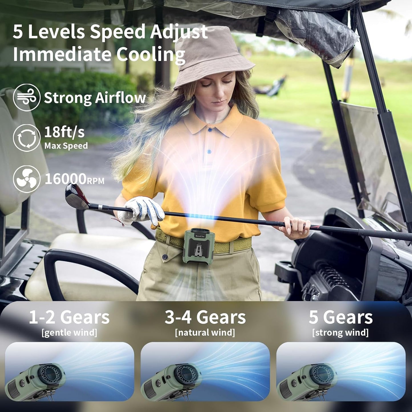 Socool 10000mAh Portable Waist Fan Clip on Wearable Belt Personal Fan Rechargeable Battery operated With 5 Speeds & Flashlight Neck Fan Hands-Free 40H Cooling For Outdoor Camping Travel (Green)