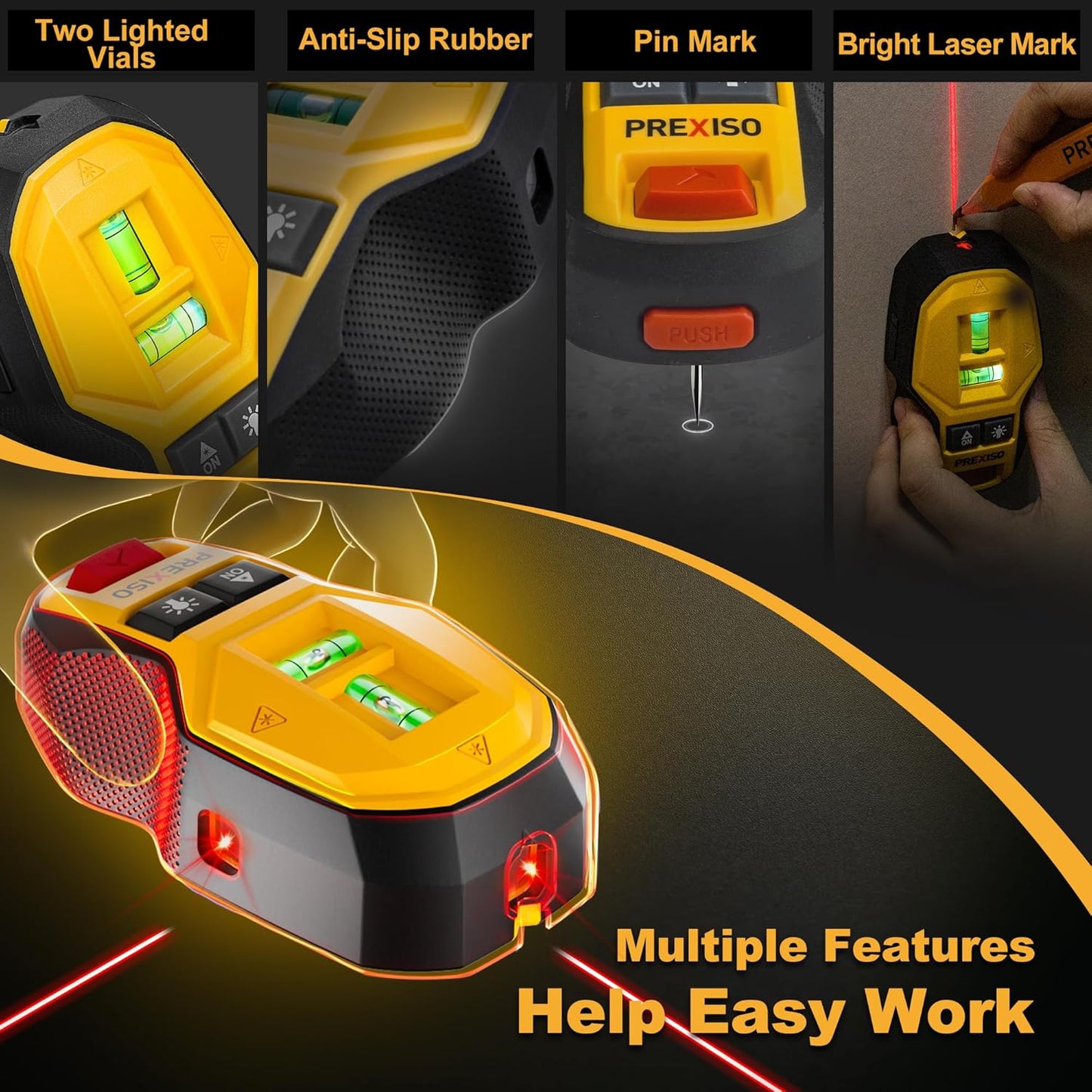 PREXISO 2-in-1 Rechargeable Cross Line Laser Level & Magnetic Stud Finder | Compact Line Lasers with LED Bubble Vials for Accurate Marking for Hanging Frames & Pictures Non-Electronic Stud Finder