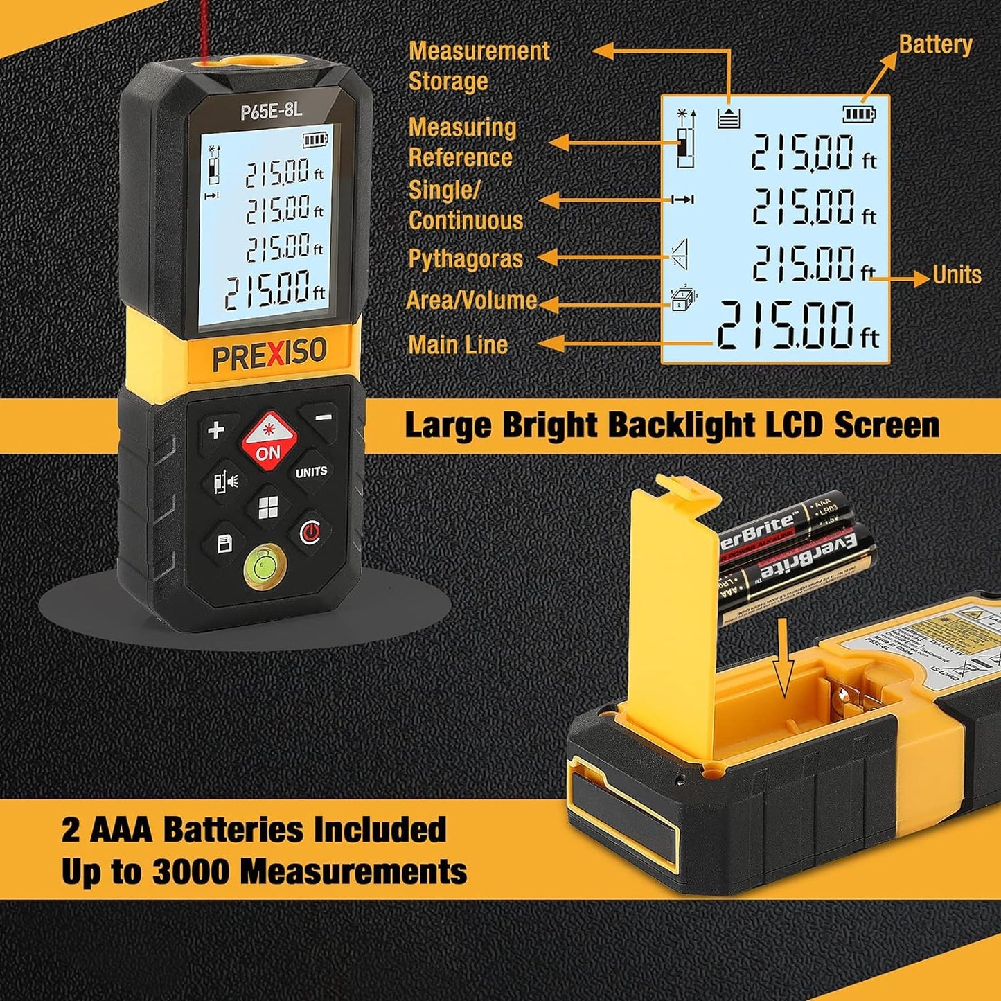 PREXISO Laser Measure, 215Ft Laser Measurement Tool with Diagonal Measuring | Medidor Laser Distance Meter Ft/Ft+in/in/M Units - Pythagorean Mode, Area, Volume -100 Sets Data Storage