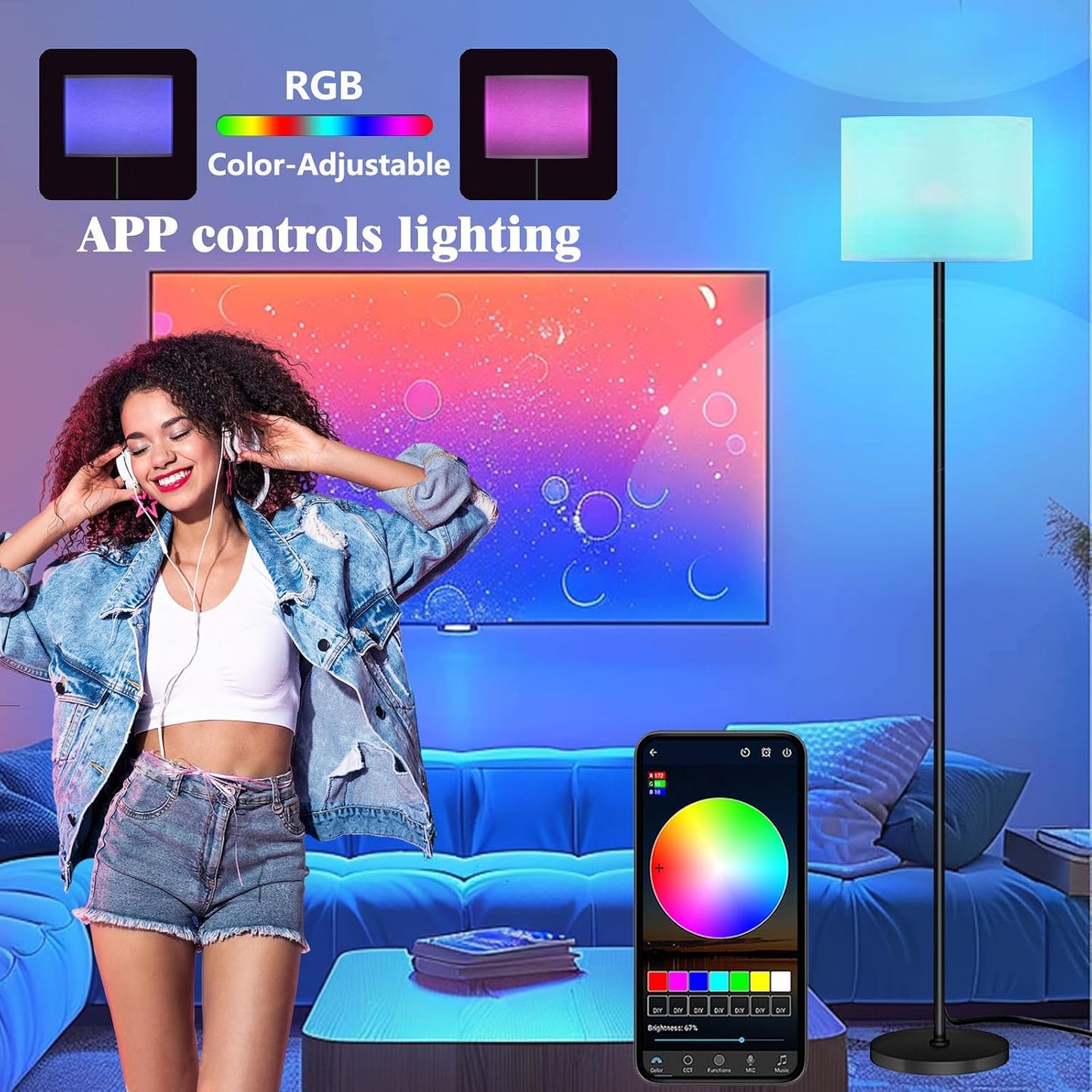 Qaubauyt Smart LED Floor Lamp with APP Control & RGB Colors - Dimmable Standing Lamp for Living Room, Bedroom, Gaming - Remote, Timer, 9W Bulb Included, 60.6" Modern Tall Lamp (Beige)