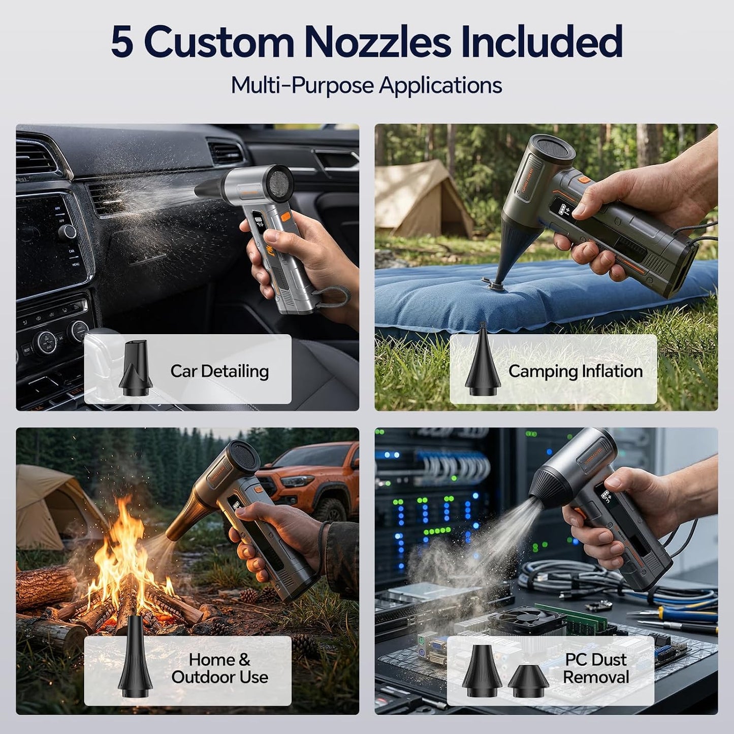 HHJ BC07 Electric Air Duster, 150,000 RPM, 20W PD Fast Charging, 30W Power Output, 4 Speeds & 5 Nozzles, LED＆SOS Light, Compressed Air Alternative for PC, Keyboard, Car, Home & Outdoor