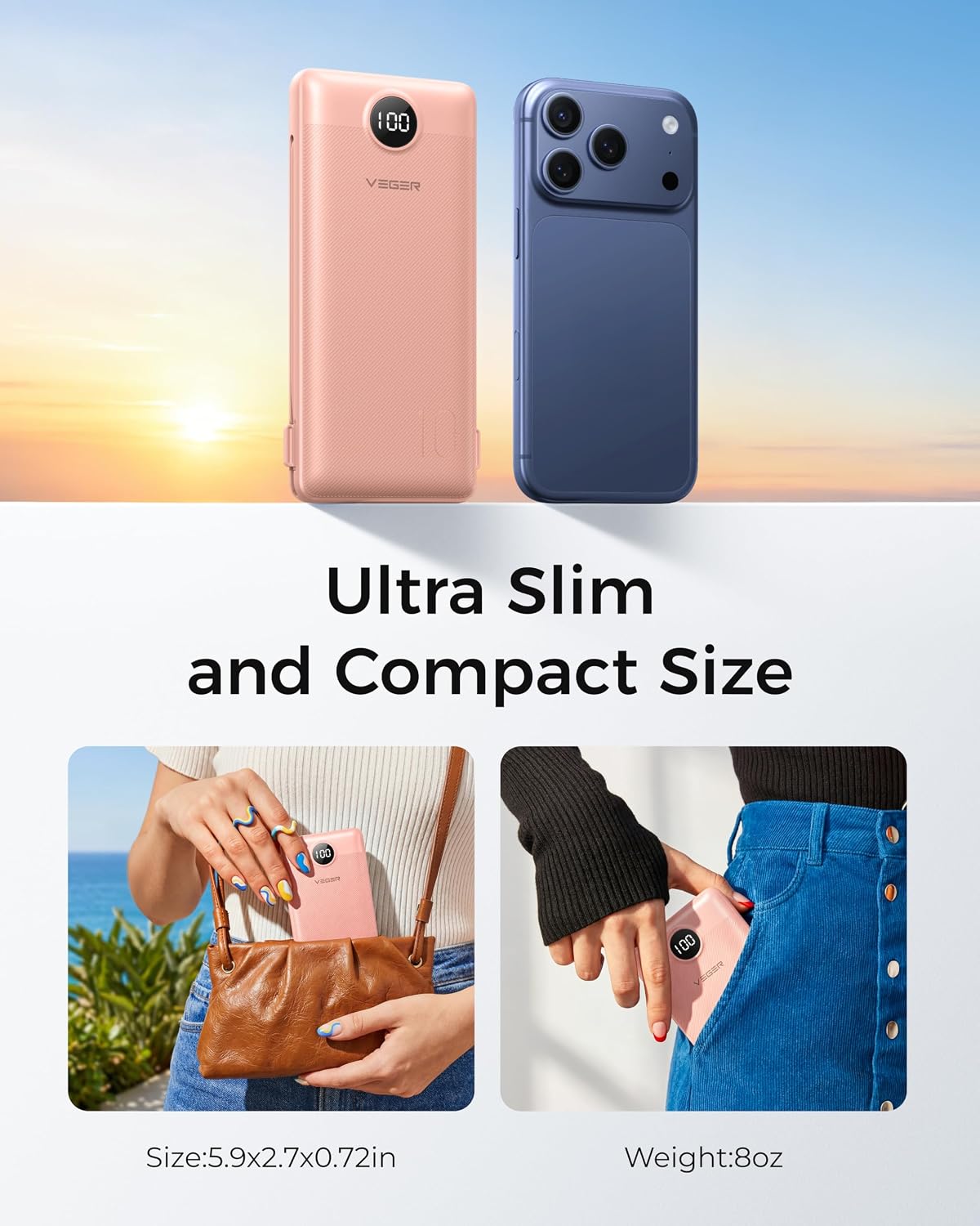 VEGER Portable Charger for iPhone, Power Bank Built in Cable and Wall Plug | 10000mAh Slim USB C Battery Pack, Travel Essentials for Camping Cruise Business Trip, Compatible with Smart Devices, Pink