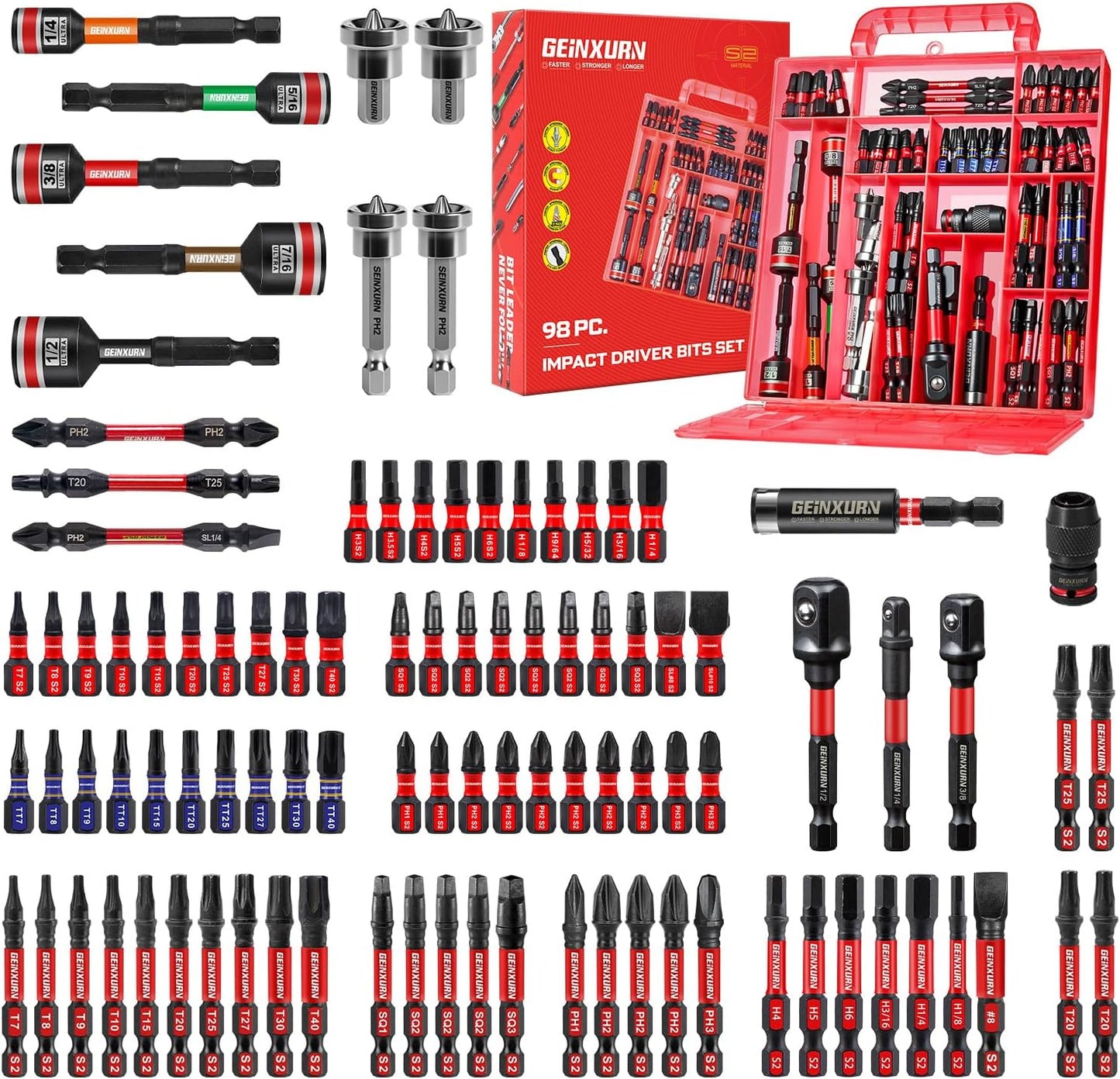 98Pieces 1”/2” Impact Screwdriver Bits Set, Magnetic S2 Steel (Phillips/Slotted/Square/Torx/Hex/Security Torx) Driver Bits Tips,Impact Bit Holder and Nut Driver with Red Storage Box Case