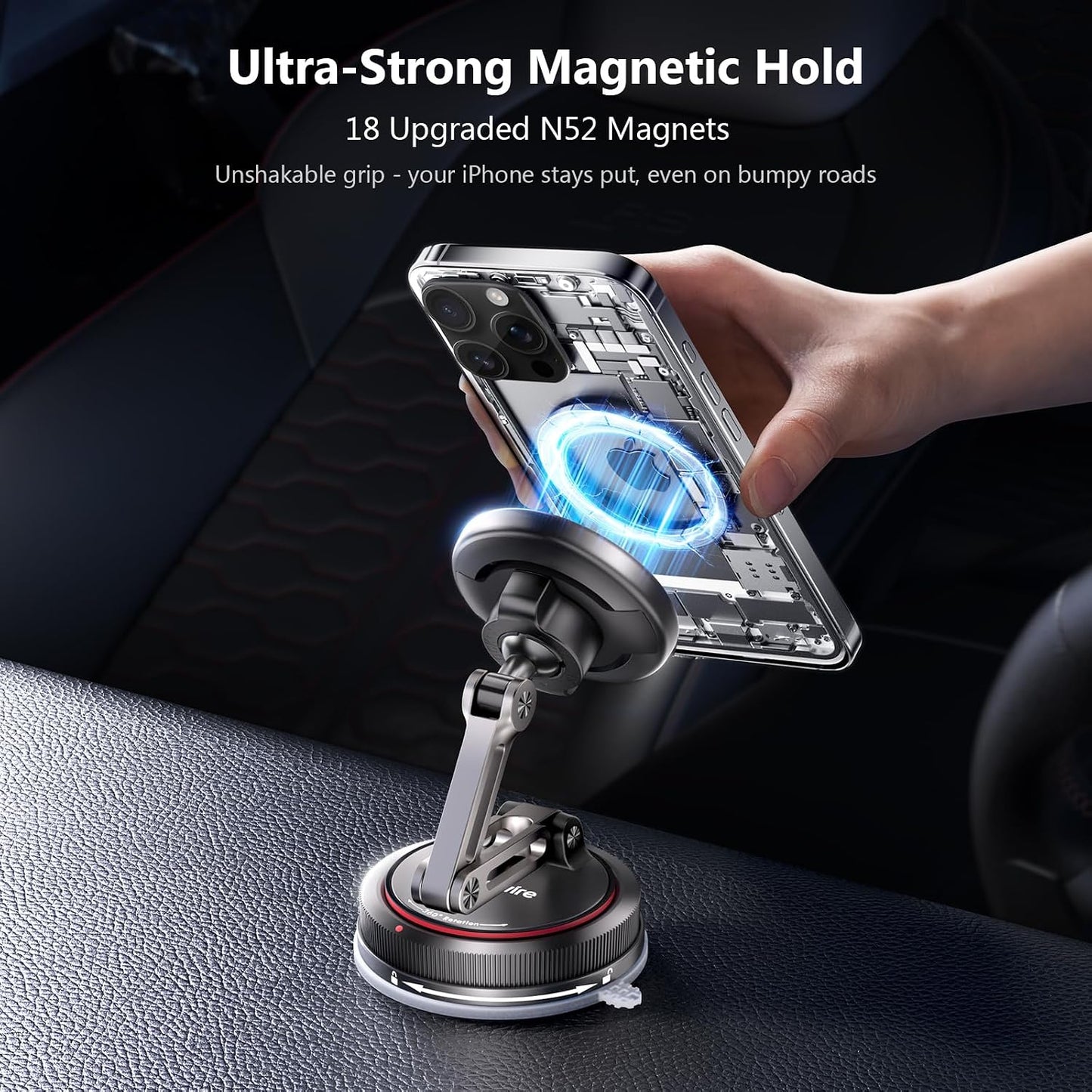 SYNCWIRE for MagSafe Car Mount [3-Axis] Nano Adhesive Gel + Strong Suction Cup Magnetic Phone Holder for Dashboard & Windshield, 360° Adjustable for iPhone 17 16 15 14 13 12, Samsung, Matte Black