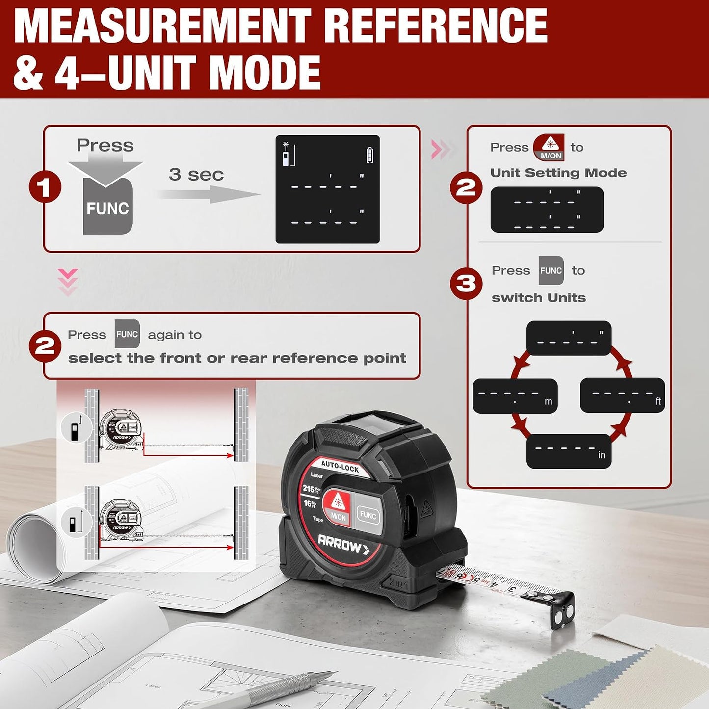 Arrow 2-in-1 Laser Tape Measure, 215Ft/65m Laser Distance Measuring Tool | 16Ft Magnetic Tape, Area Volume Calculation, Continuous Measurement, Bubble Level, Home Improvement Tool-NOT Digital