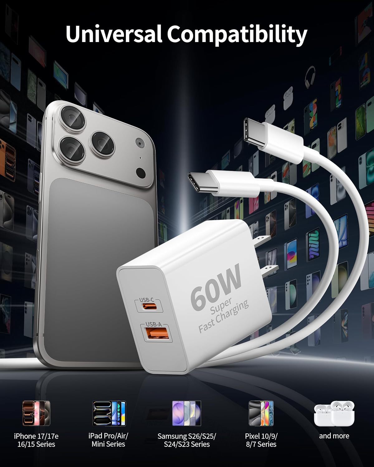 iPhone 17 16 15 Charger Fast Charging, 3 Pack 60W USB C Super Fast Charger | PD/QC Dual Port GaN Type C Charging Block, with 10FT Long USB-C Cable Cord, for iPhone 17 Pro Max/17/Air/16/15/Pro Max, iPad