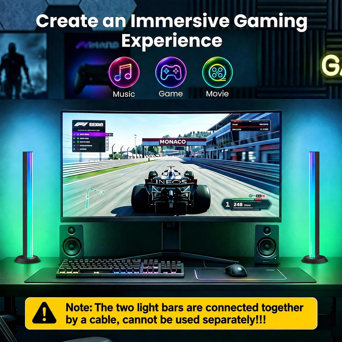TJOY Smart Wi-Fi Light Bar, Compatible with Alexa&Google Assistant, Gaming Desk Lights with Music Sync&Scene Modes, RGB TV Light Bar, Mood Lighting for Game, PC, Monitor (2.4GHz WiFi only)