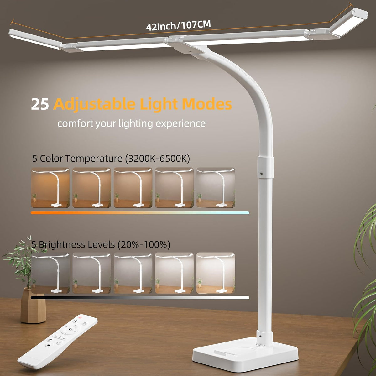 LED Desk Lamp for Home Office，42" Eye-CaringDesk Light with Remote，Adjustable Flexible Gooseneck，1800LM Ultra Bright Table Lamp with Base for Work，Reading, Study，Double Monitor（White） ﻿