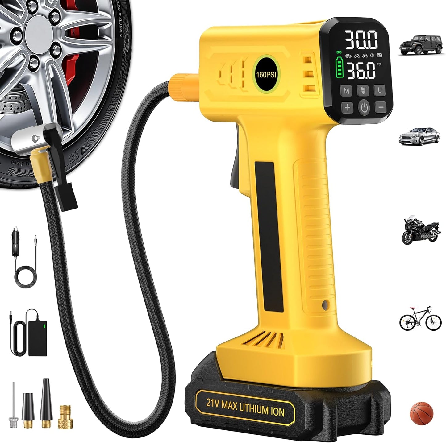 Tire Inflator Portable Air Compressor, Cordless Tire Inflator & DC | Fast Inflation, Rechargeable Battery, Auto Shut-Off, Digital Pressure Gauge, Air Pump for Car, SUV, Motorcycle, Bike, Ball