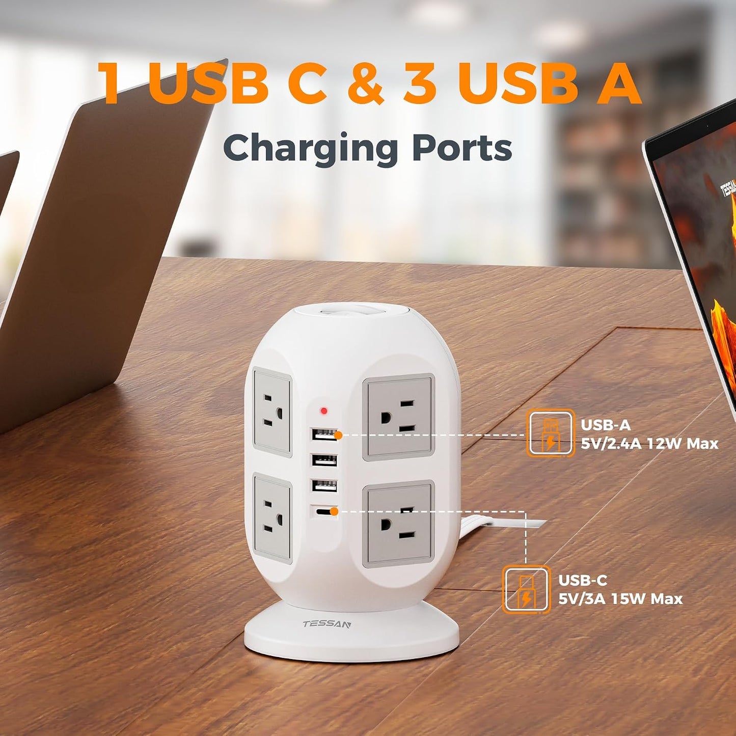 TESSAN Tower Surge Protector Power Strip, 10 ft Long Flat Extension Cord | 8 AC Outlets with 4 USB Ports (1 USB C), Charging Station with Surge Protection, for Home Office Dorm Room Essentials