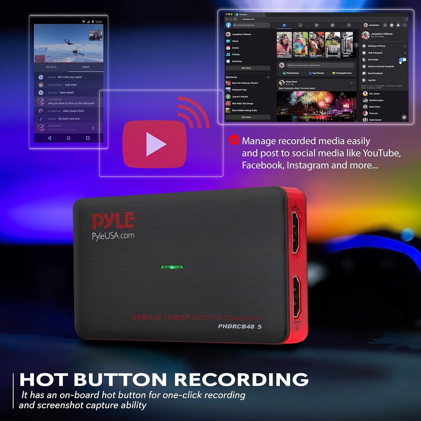 PyleUsa Capture Card Device, 4K HDMI Video Capture Card, 1080P 60FPS, HDMI to USB 3.0 Capture Card for Live Streaming Work with Camera, USB, SD, PC, DVD, Xbox One, Xbox 360, PS4, PS3 and Wii-PHDRCB48