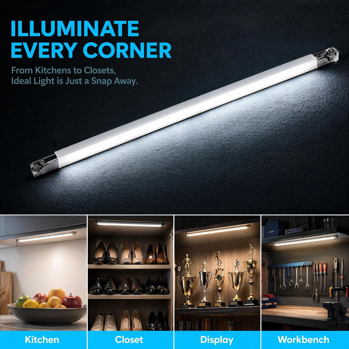 Cefrank LED Display Case Lights, 4-Pack Plug-in Cabinet Light Kit, 6000K