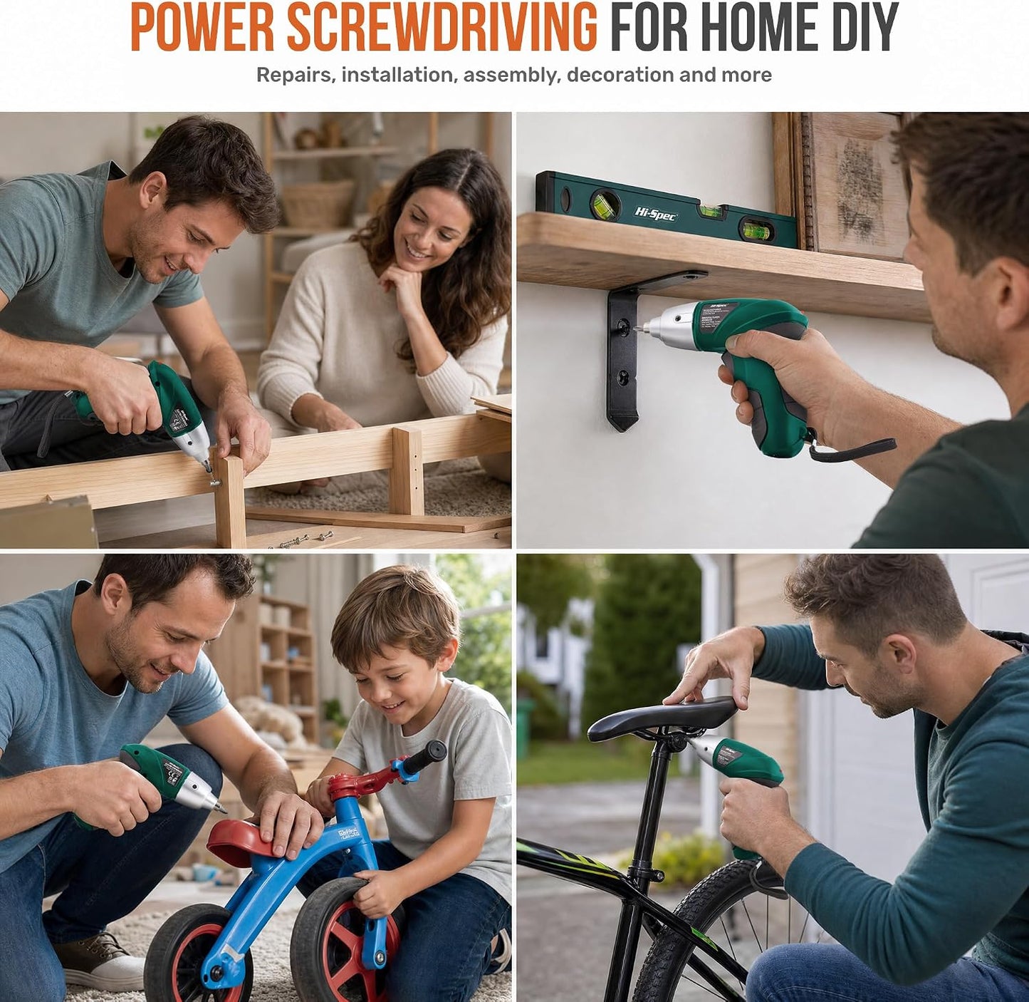 Hi-Spec 4V USB Electric Screwdriver Tool Kit for Home Repairs, Green | 42pc, fast assembly help, common screw bit selection, LED visibility, compact grip, quick household fixes, organized storage