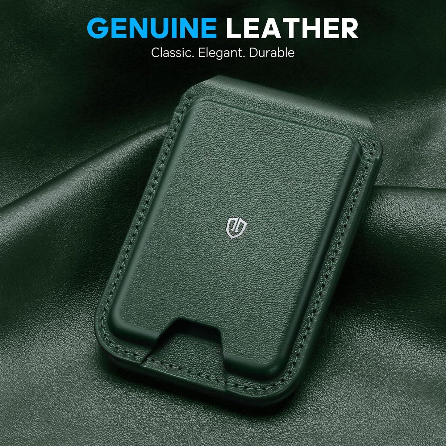 SHIELDON Genuine Leather Magnetic Wallet Stand for MagSafe, Evergreen | Strong Magnetic, 6 Card Holders, Kickstand, Rfid Blocking, Quick-access, ID Window, for iPhone 17/16/15/14/13/12 Series