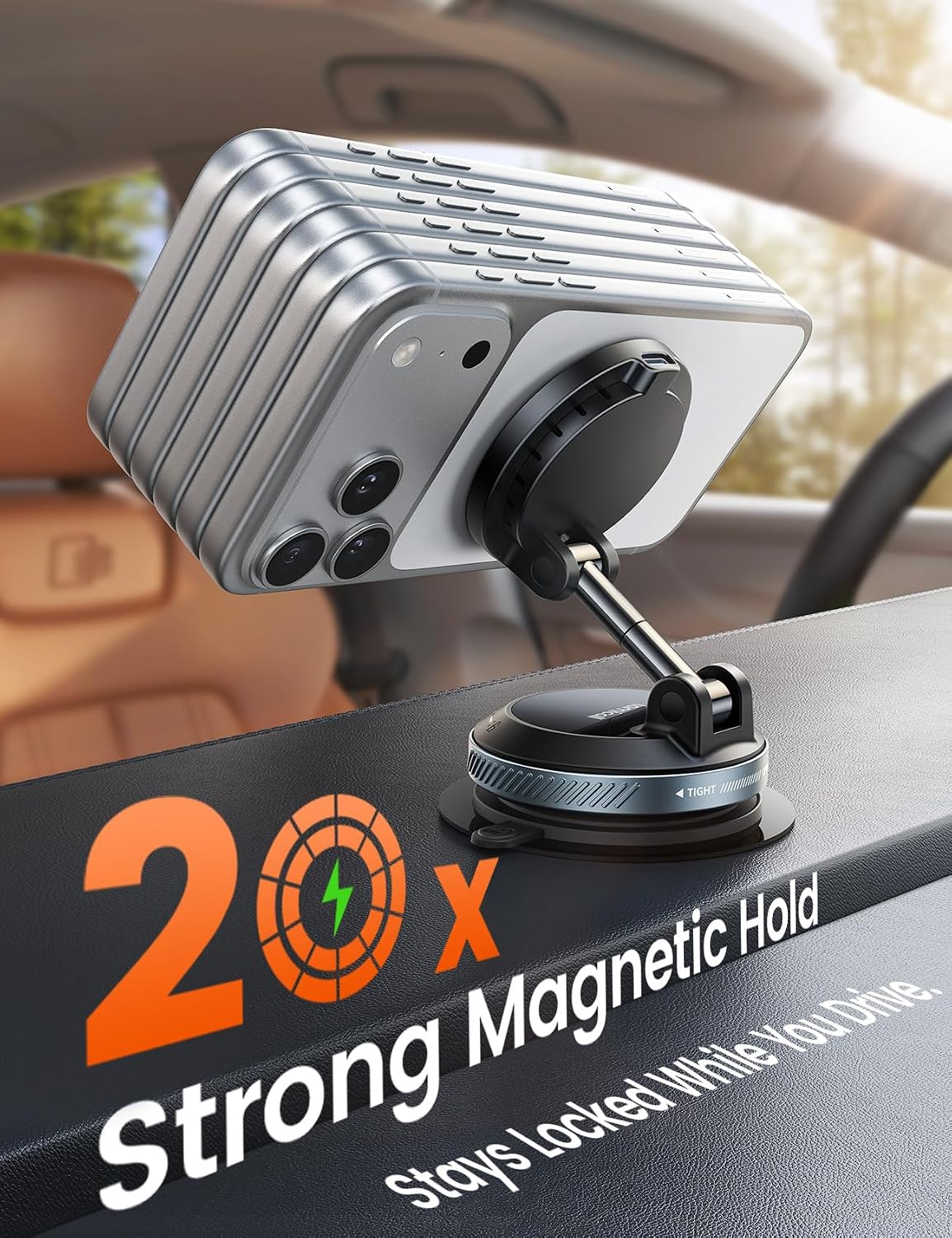Lamicall 15W for MagSafe Car Mount Charger, 360° Wireless Car Phone Holder | Dual USB-C Ports Magnetic Phone Holder for Car, 70 LBS Vacuum Suction Phone Mount for iPhone 17 16 Pro Max Truck Jeep Black