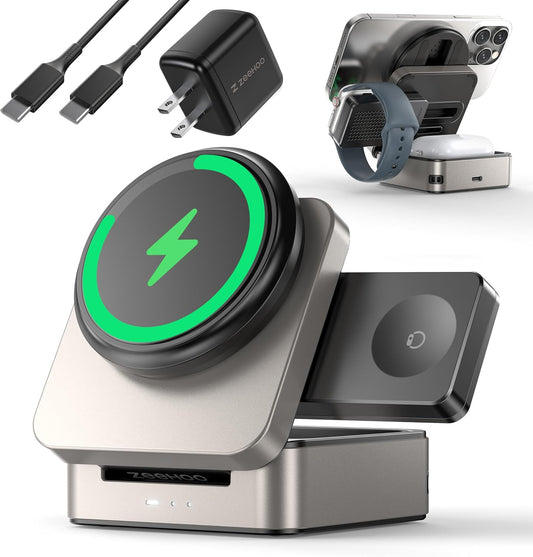 ZEEHOO 3-in-1 Foldable Magnetic Wireless Charging Station, 15W Travel Charger Stand Dock Wireless Charger for iPhone 17/16/15/14/13/12 Series, Apple Watch, AirPods (30W Adapter Included)