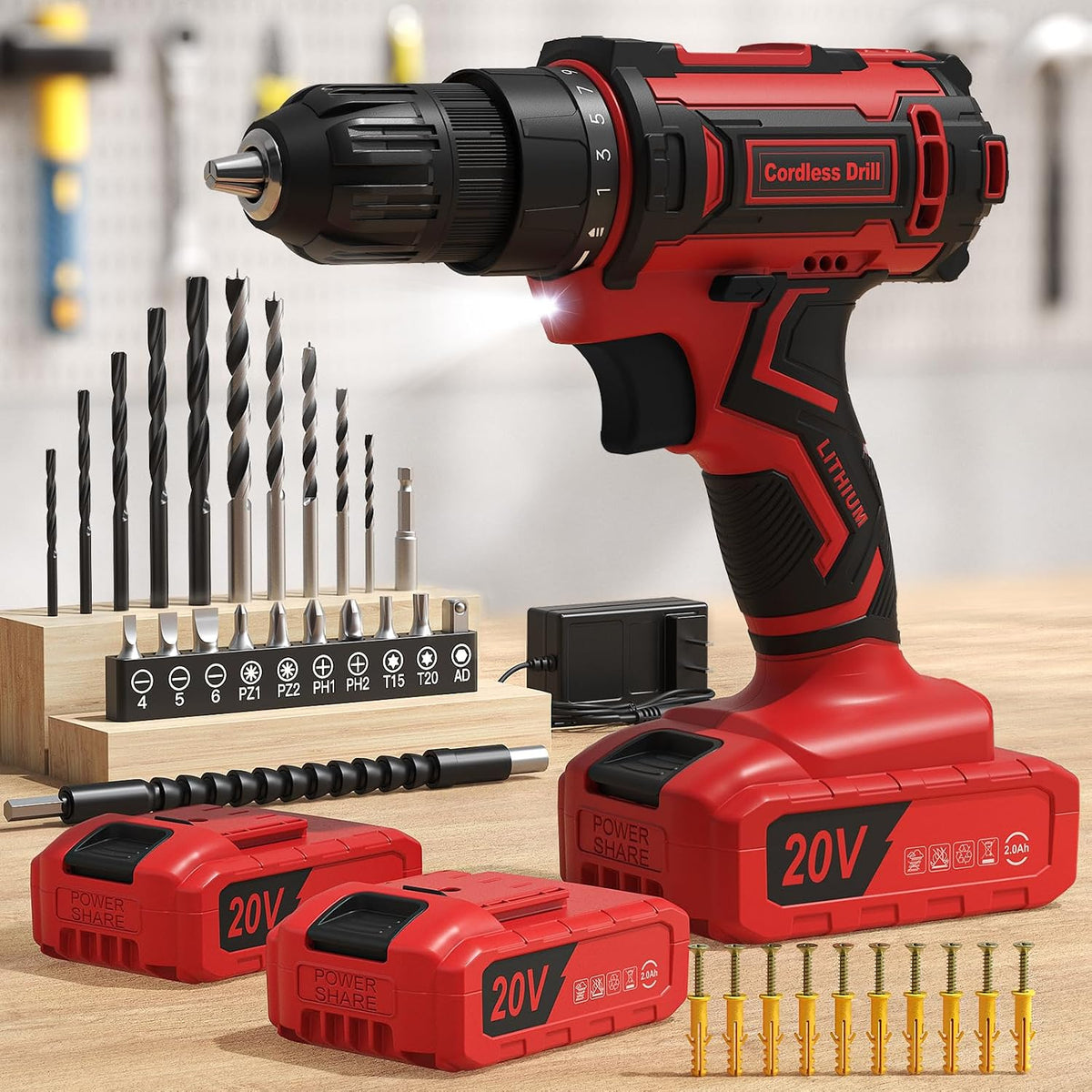 Cordless Drill, 20V Power Drill, Double 2000mAh Power Pack Electric Drills, Cordless Drills with Power Pack and Charger, 3/8" Keyless Chuck Screwdriver with 25+1 Max 370 In-lb Torque, 42Pcs Bits