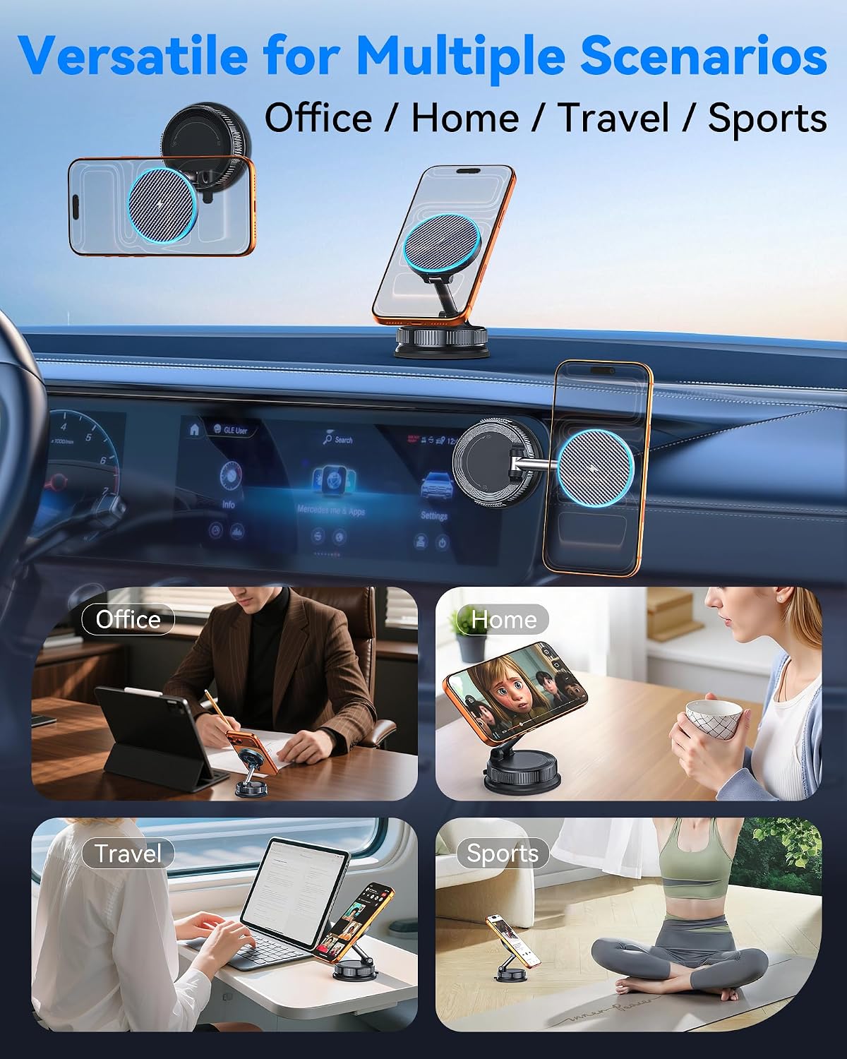15W MagSafe Car Mount Charger, Magnetic Wireless Car Charger with Vacuum Suction Cup & Nano Adhesive Base, 360° Rotatable Strong Hold Car Phone Mount for iPhone 17 16 15 14 13 12 Series, Samsung S26