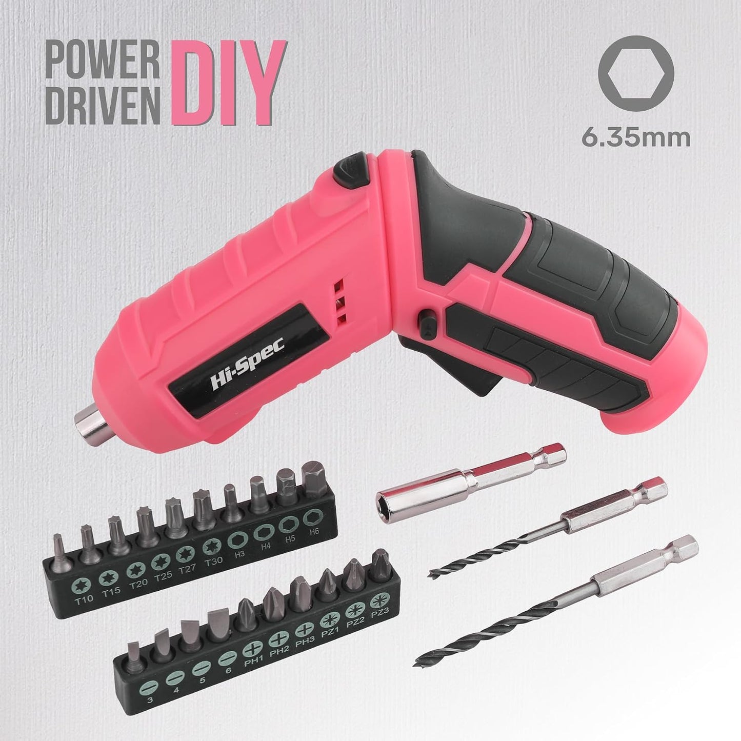 Hi-Spec 4V USB Electric Screwdriver Tool Kit for Home Repairs, Pink | 42pc, fast assembly help, common screw bit selection, LED visibility, compact grip, quick household fixes, organized storage