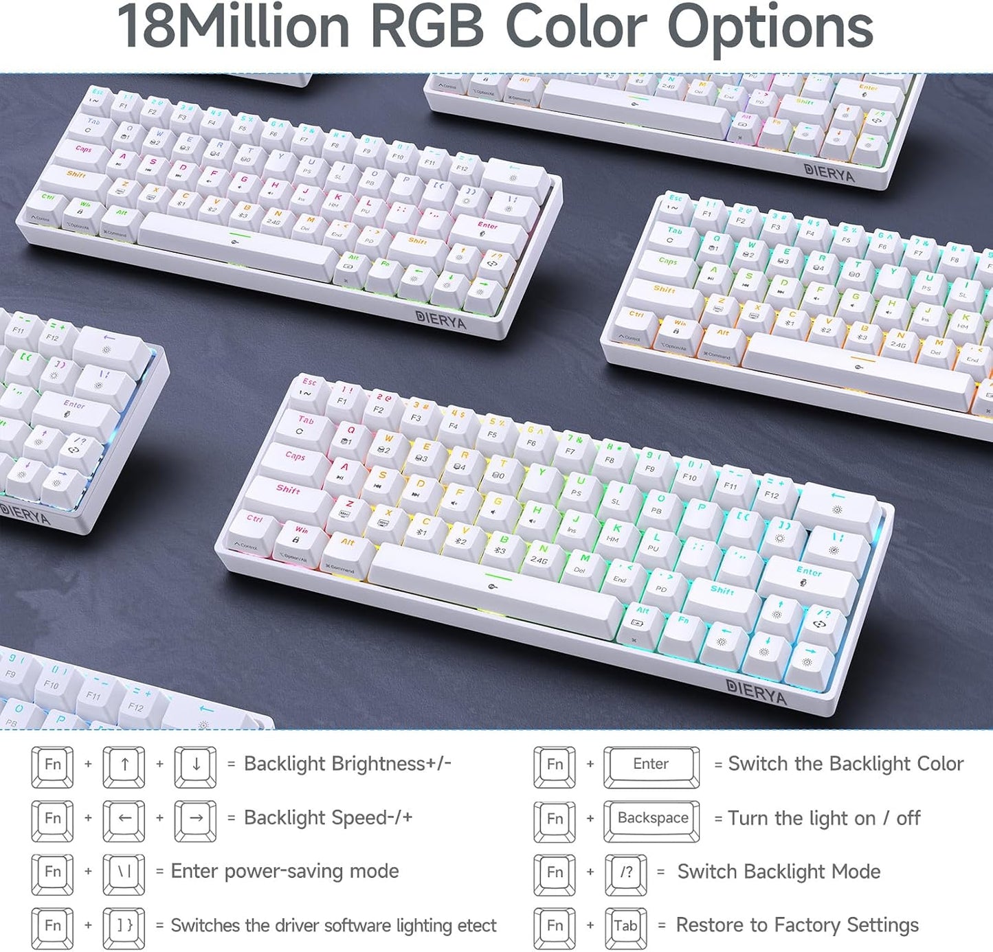 DIERYA DK63 60% Wireless Mechanical Gaming Keyboard | Bluetooth/2.4G/Wired Keyboard | RGB Backlit Compact 63 Keys Mini Office Keyboard | with Red Switch | for Windows Laptop PC Gamer Typist-White