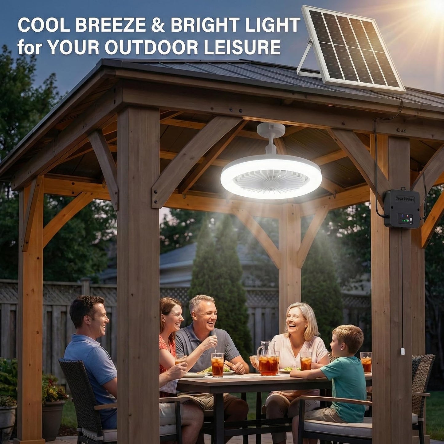 Solar Ceiling Fan with Light Indoor Outdoor, Daytime Available Solar Shed Fan Light with Pull String, 3-in-1 Modes, IP65 Waterproof for Gazebo, Shed, Barn, Patio, Chicken Coop